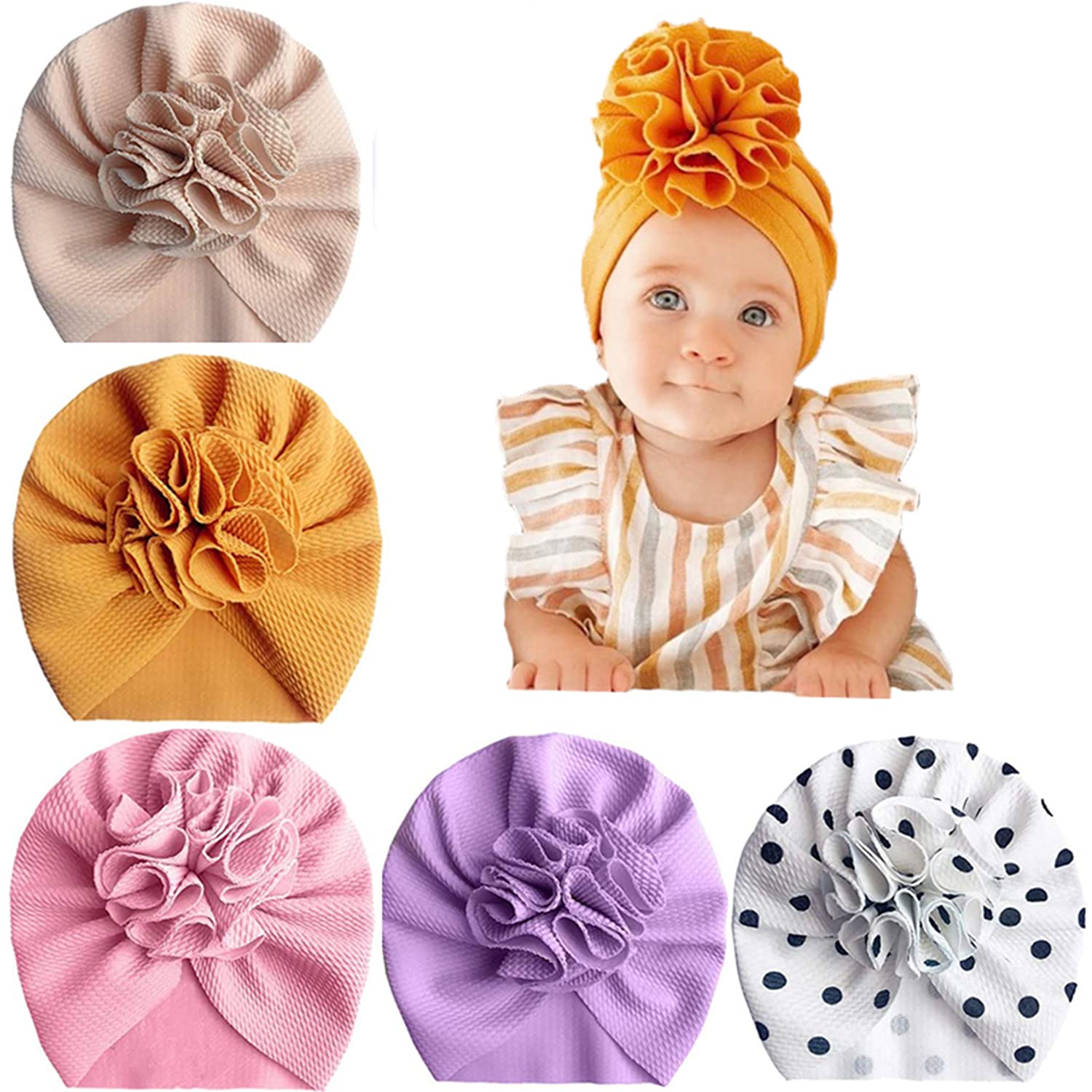 Hifot 5 Unids Bebe Sombrero Turbante Beanie Nudo Algodon Gorra Nudo Diadema para Recién Nacido Infántil Niñas Baby Cap Hat