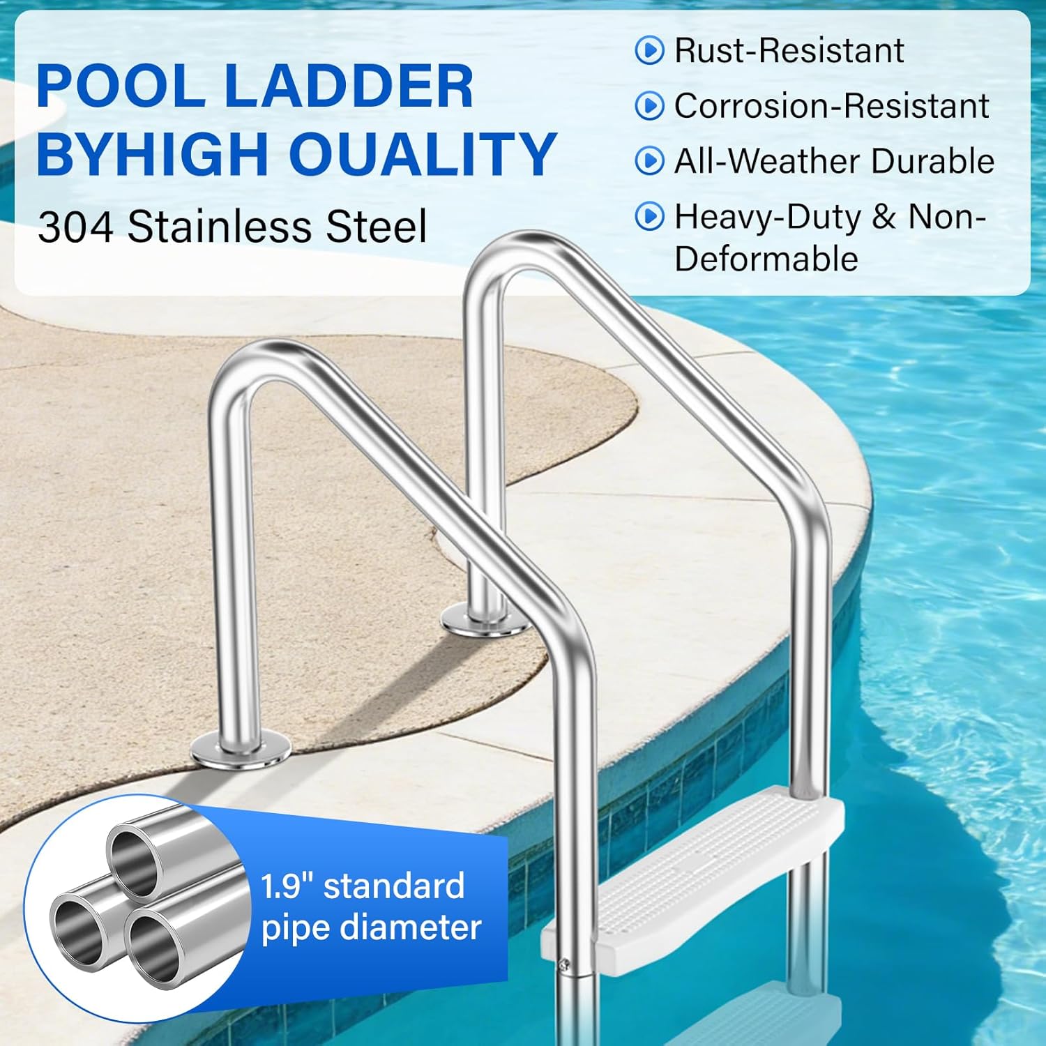 Swimming Pool Ladder for Inground Pools, 3-Step 304 Stainless Steel Pool Stairs with White Non-Slip Step Pads, Rugged & Durable for Indoor/Outdoor Pool, Supports 330 lbs