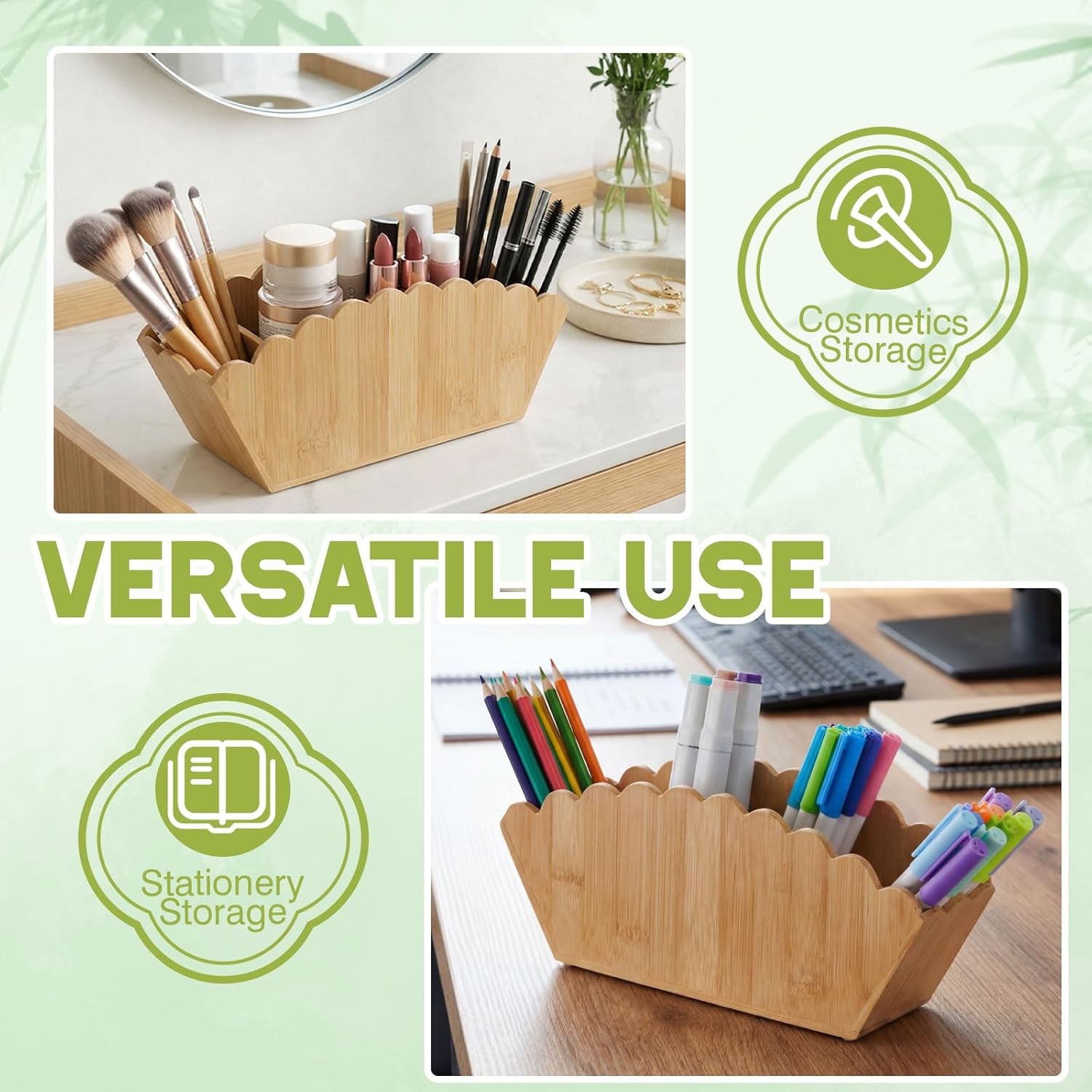 Jetec Scalloped Bamboo Wooden Pencil Holder, Desk Holder with 4 Slots for Desk Organizer Makeup Brushes Pens and Remote Storage Organizer for Office Bathroom