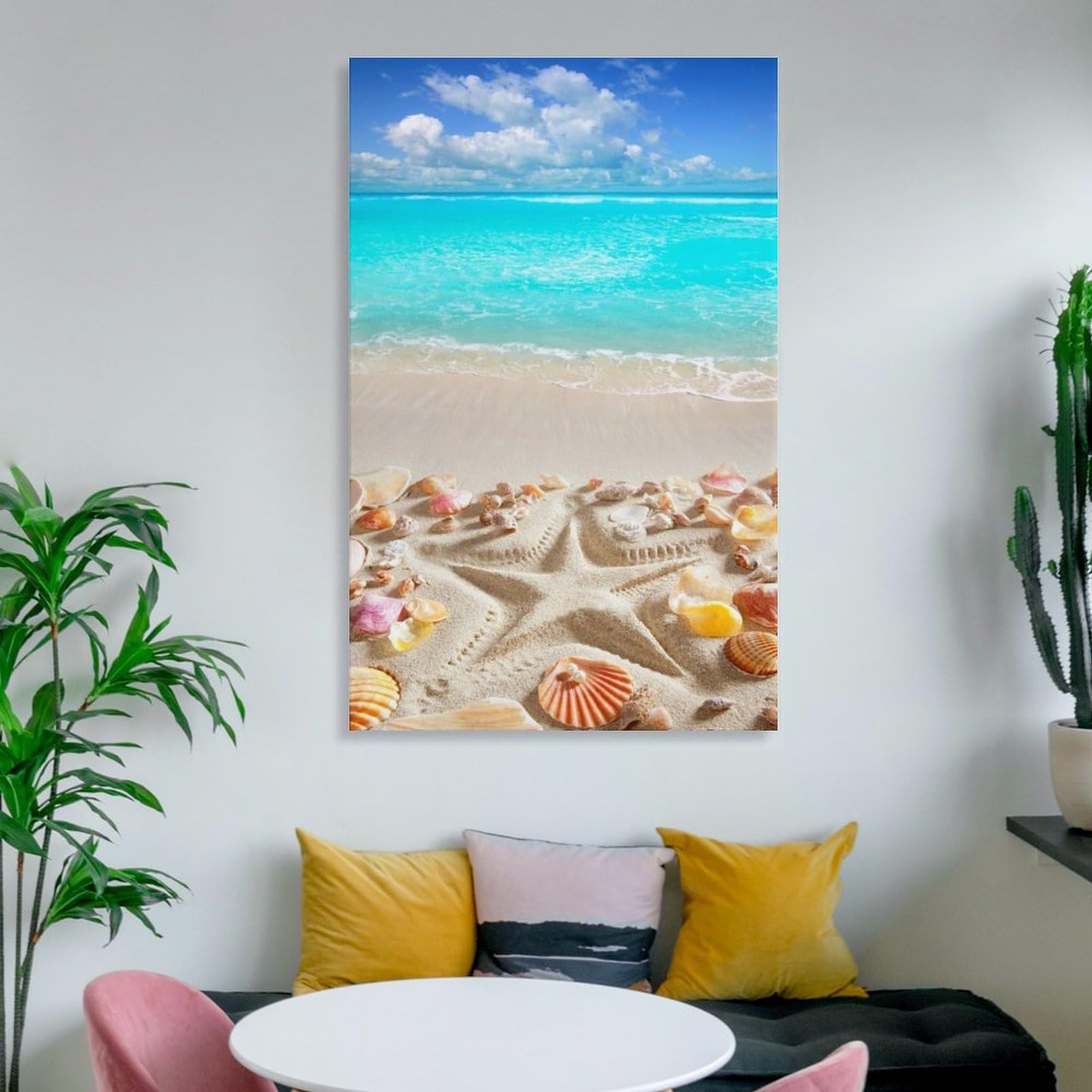 Amazon.co.jp: 絵画 ビーチの星と貝殻 静かな海 波打つ青い波