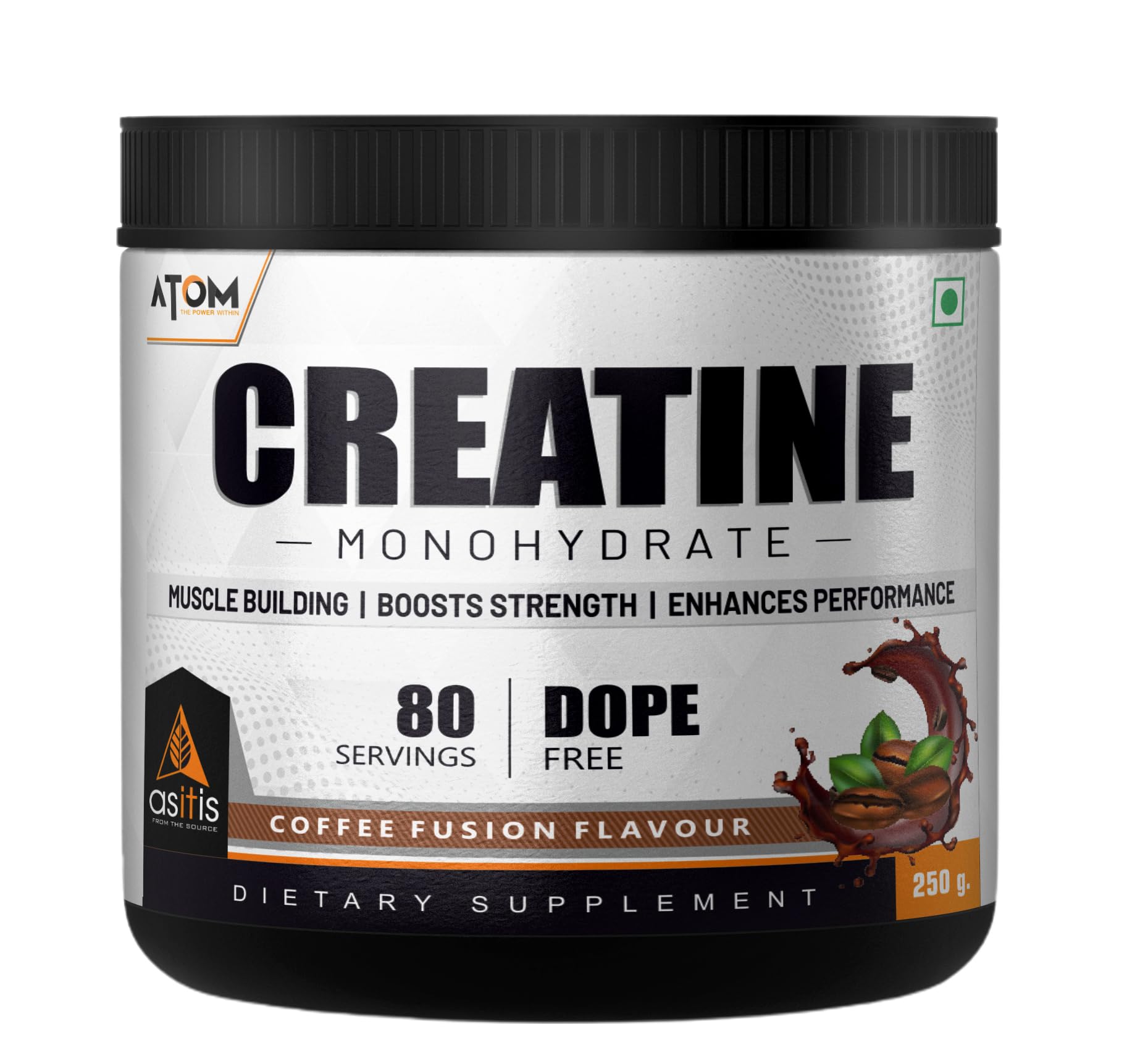 Asitis NutritionAtom Creatine Monohydrate Powder 250G-80 Servings|Dope Free|Enhances Performance|Promotes Muscle Gains|Coffee Fusion Flavour