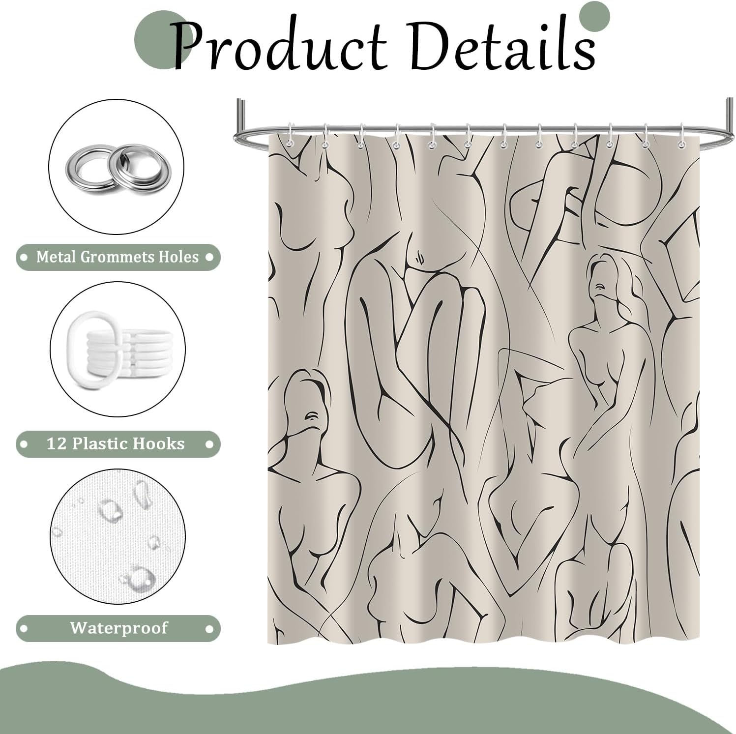 Body Shower Curtain, Abstract Line Texture Boho Bath Curtain Decor for Women, Polyester Fabric Waterproof Bathroom Decoration Accessory Set with 12 Hooks 72X78 inch