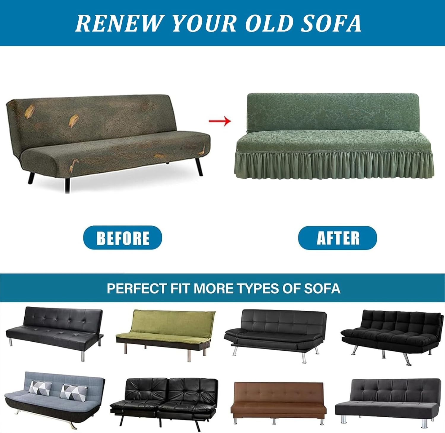 Stretch Futon Cover with Skirt, Folding Armless Sofa Cover Soft Removable Sofa Bed Slipcover Washable Furniture Protector (150-190cm/59-74.8in)(Green)