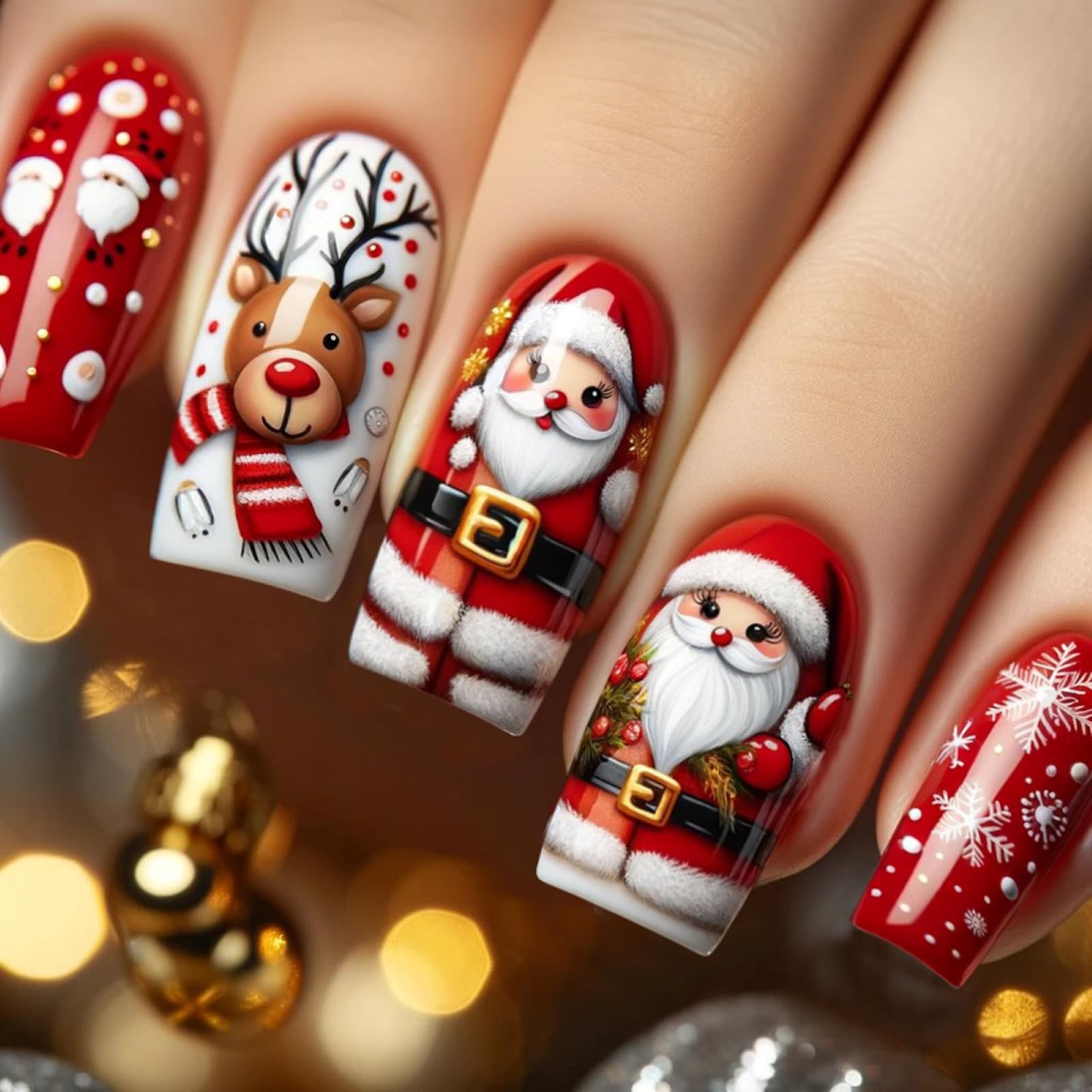 Christmas Press on Nails Medium Square Fake Nails with Red Santa Claus Designs Snowflake Glue on Nails Elk Stick on Nail Reusable Glossy Winter False
