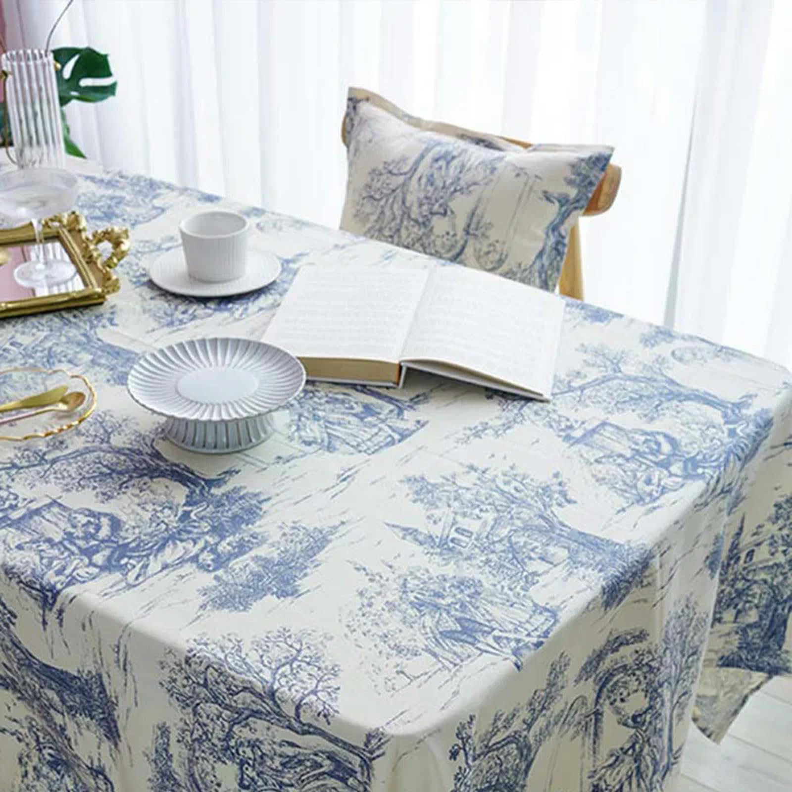 Mantel Azul Impreso Tela De Lino Cubierta De Mesa Rectángulo/Oblongo para Cocina Comedor