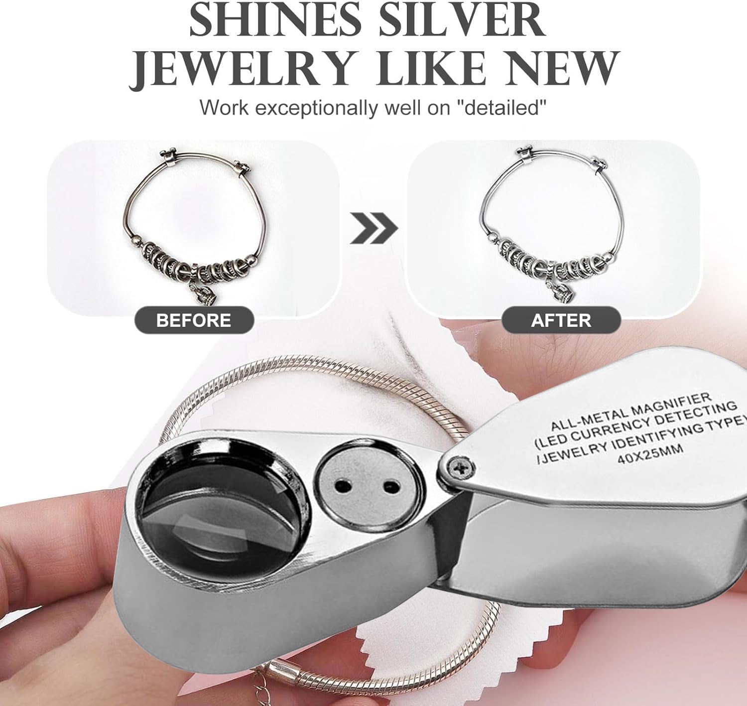 2 PC 40X Illuminated Jewelers Loupe Magnifier - Full Metal Portable Folding Magnifying Glass with LED Light & 10 Batteries for Coins, Diamonds, Gems, Stamps, Currency Detection, Jewelry Appraisal (2)