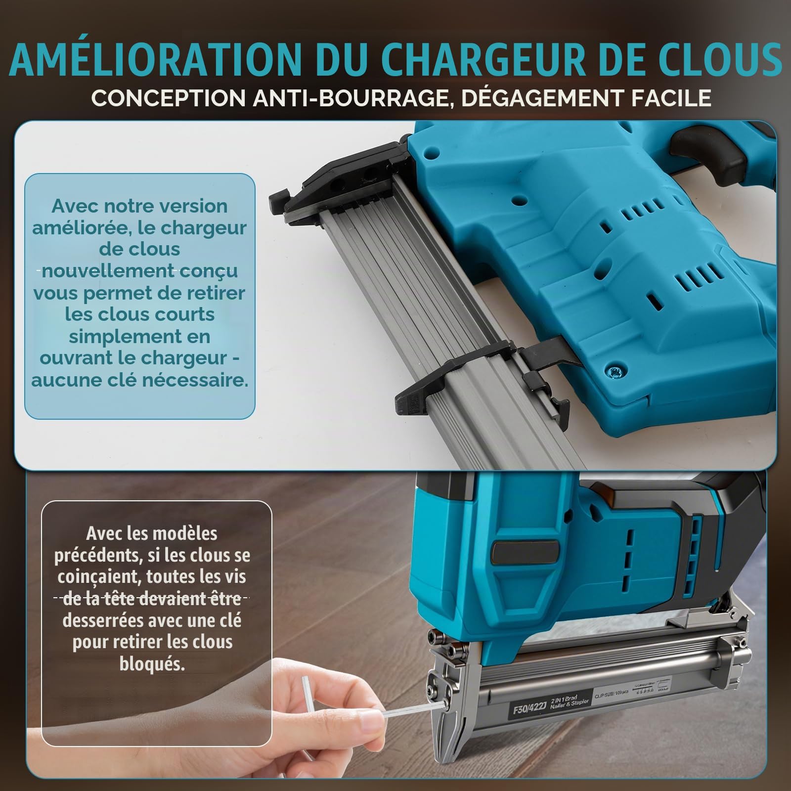 Agrafeuse-cloueuse améliorée 18GA à batterie, compatible avec batterie Makita 18V, agrafeuse-cloueuse électrique sans balais avec 1000 clous et 1000 agrafes pour le bricolage, DIY et travail du bois