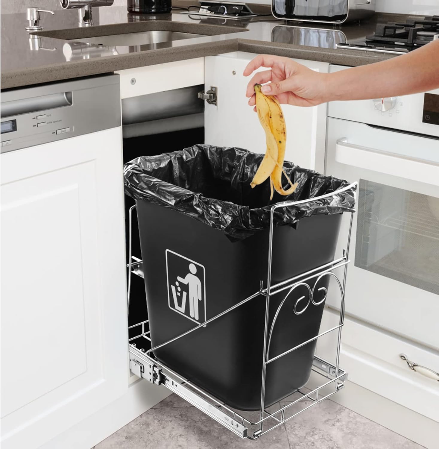 Ormeli Pull Out Trash Can Under Cabinet, Adjustable Garbage SlideOut Shelf for Kitchen, Roll-Out Sliding Rack for Waste Can Under Kitchen Sink/Panty, Trash Can Not Included
