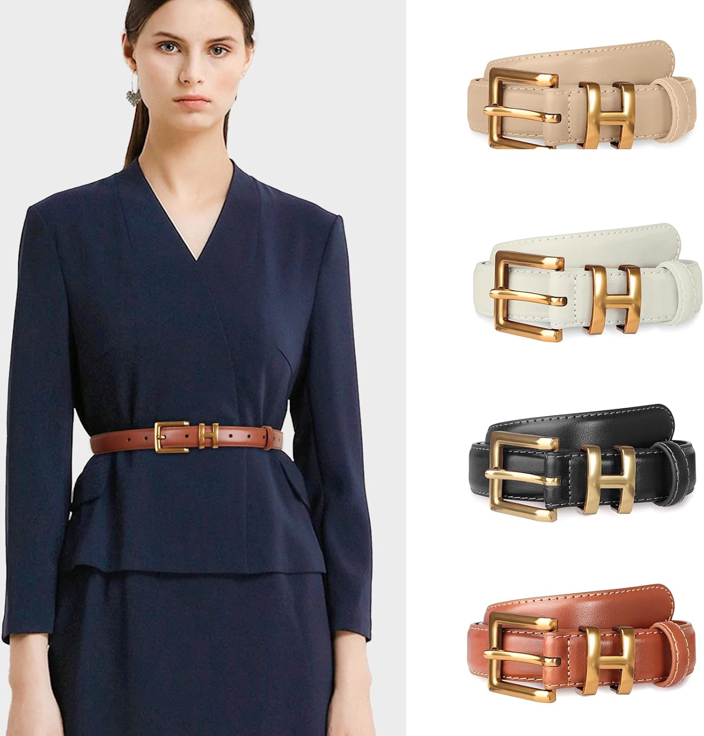 Women's Fashion Classic Metal Buckle Leather Belt with Jeans Dress - Image 5