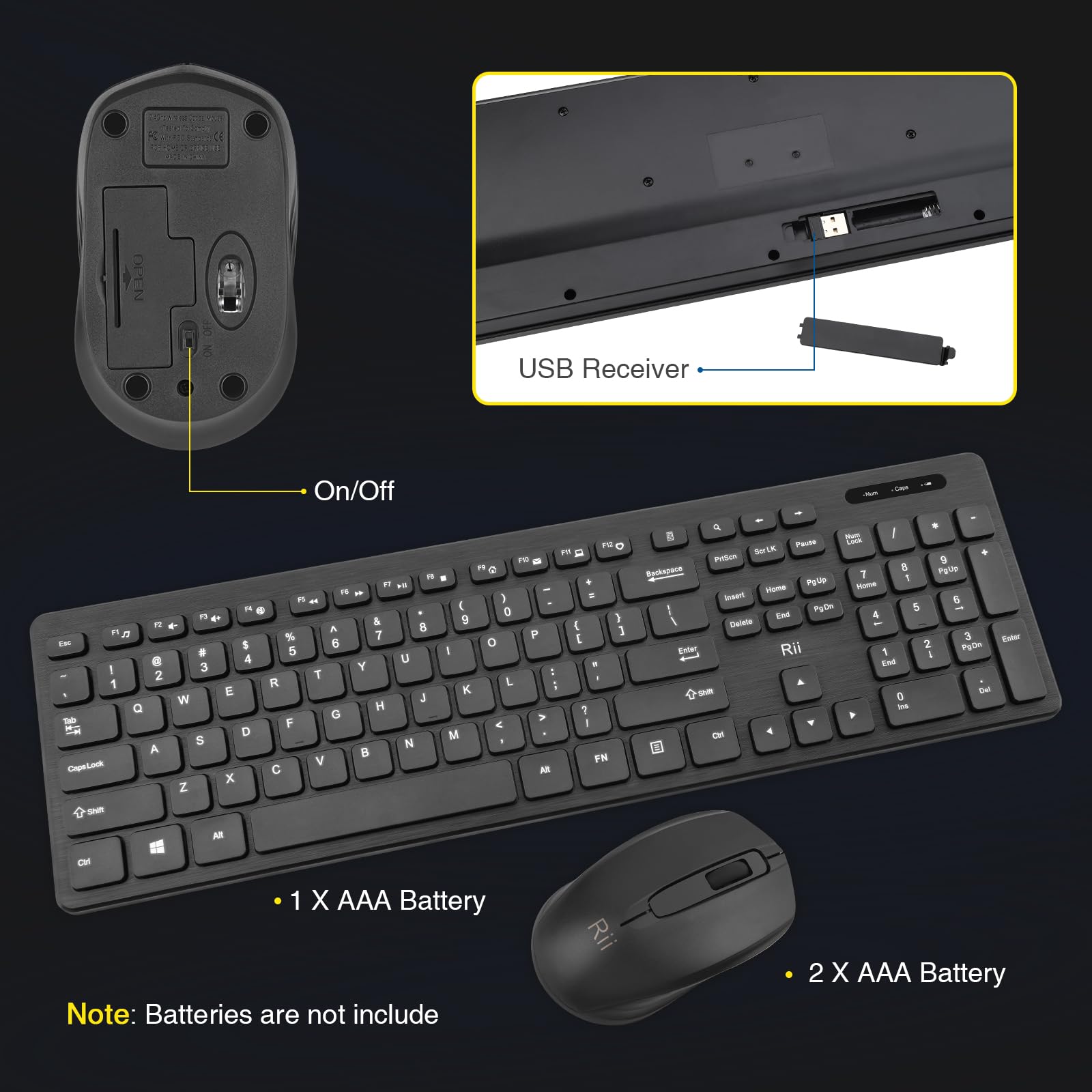 Wireless Keyboard and Mouse Combo - Rii Standard Office PC Keyboard and Optical Wireless Mice (Black)