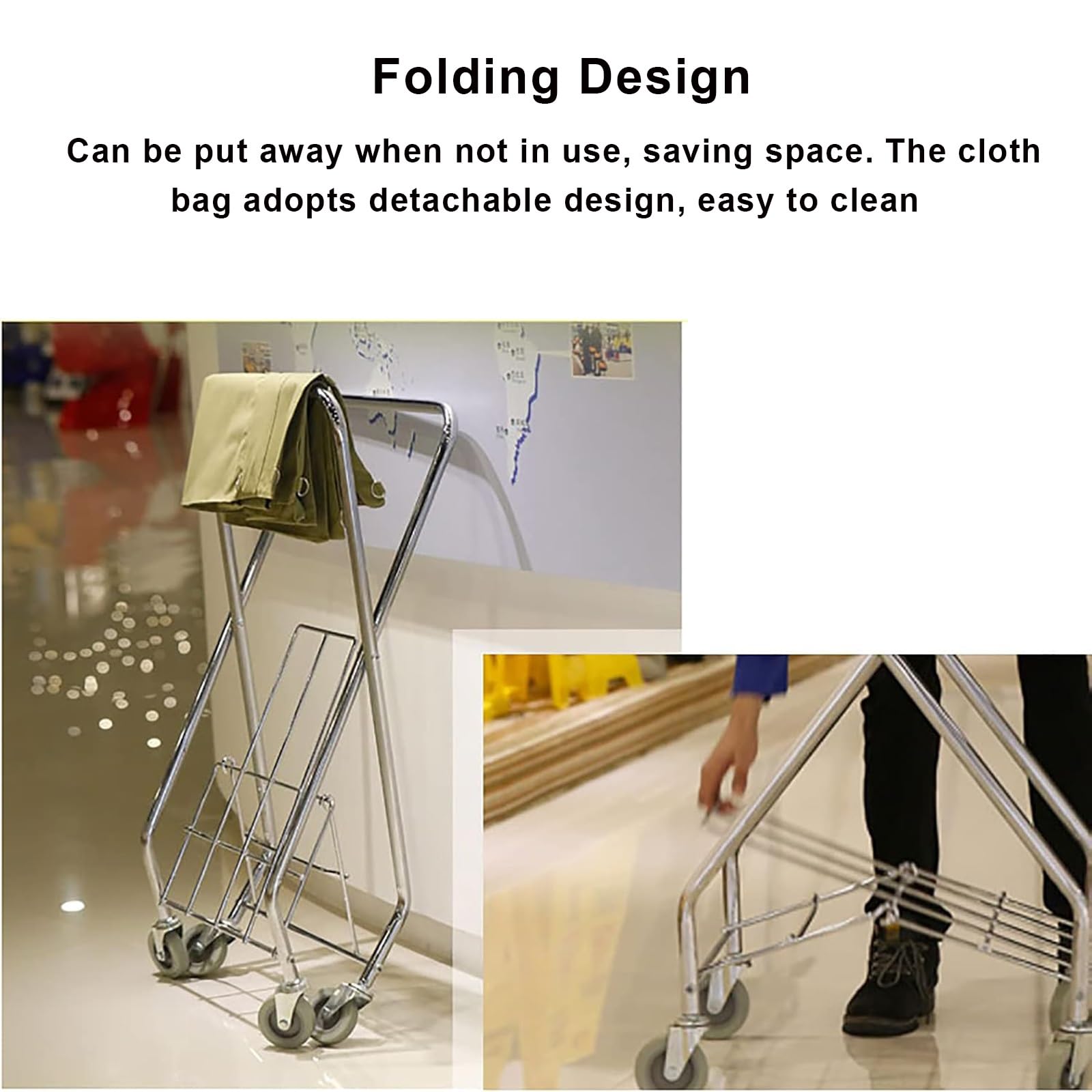 FQMYLTYN Carrito de Lavandería Plegable con Ruedas, Cesta de Lavandería Comercial Resistente y Plegable con Bolsa de Lona Desmontable para Hoteles, Hospitales y Hogares, 60x60x89cm(Blue)