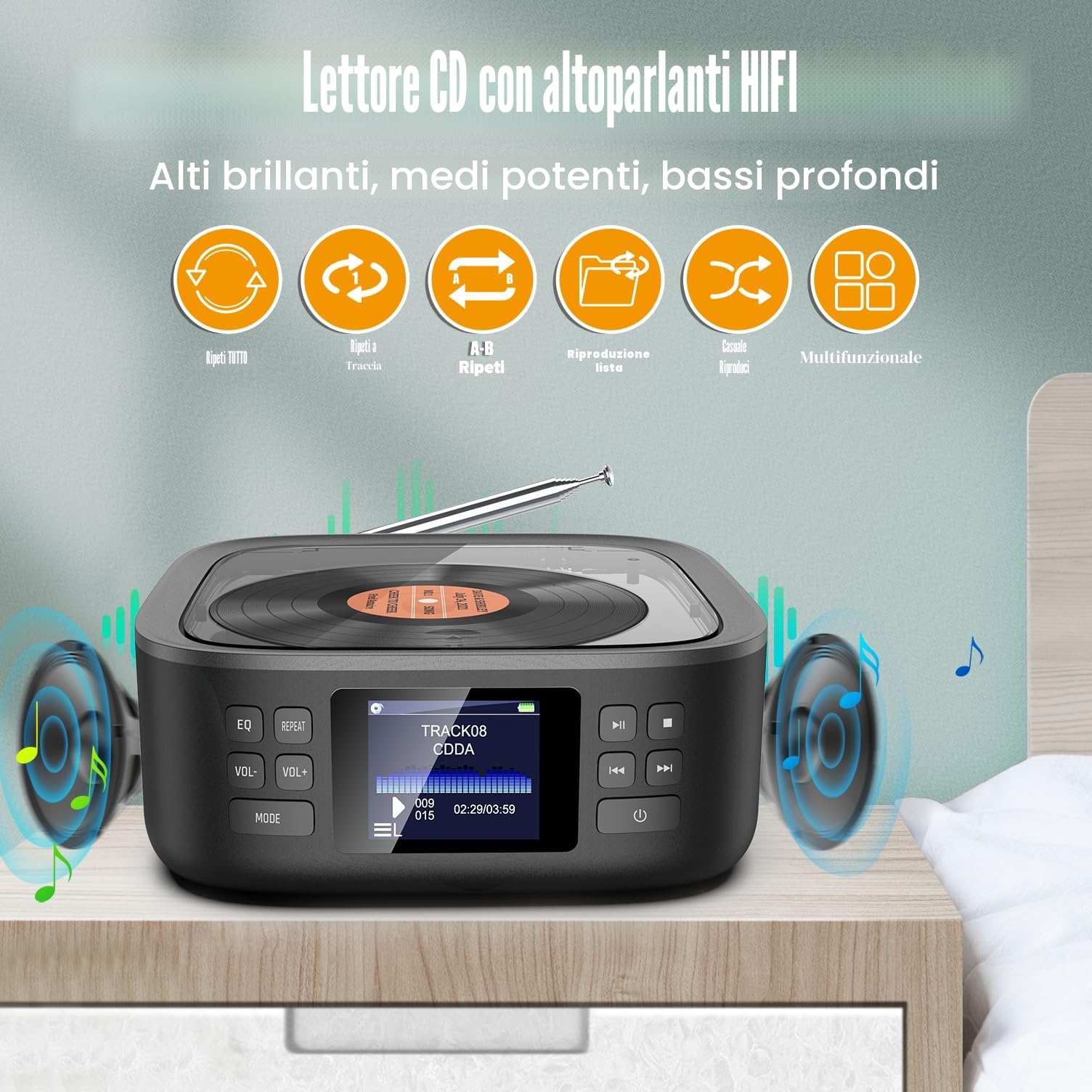 Lettore CD Portatile, Lettore CD Boombox con Bluetooth, Telecomando, Schermo Led, Doppio Altoparlante Stereo Integrato, Supporto Porta Cuffie USB/AUX per La Casa