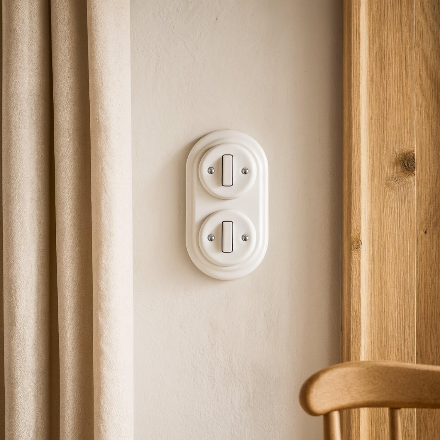 Interruttore a incasso in porcellana, stile retrò, a 2 scomparti, All-in-One, set serie PR1, bianco