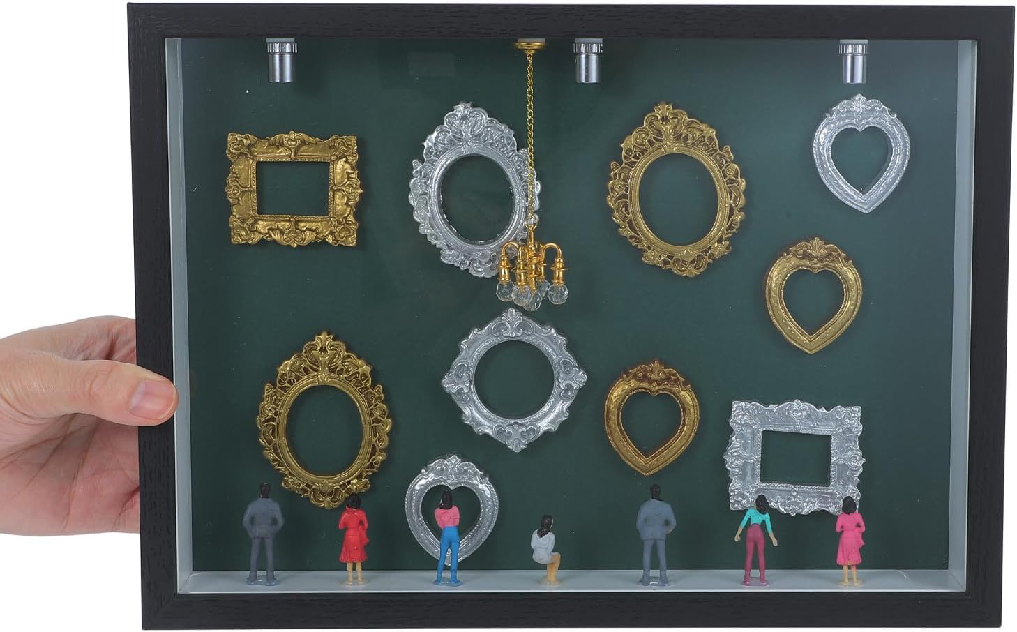 Cabilock DIY Museum Shadow Box Frame Kit, Gallery Miniature Display Case with 10 Mini Photo Frames, 8 Mini People Figures and Crystal Chandelier Accents, Tabletop 3D Memory Display Box for Home Decor