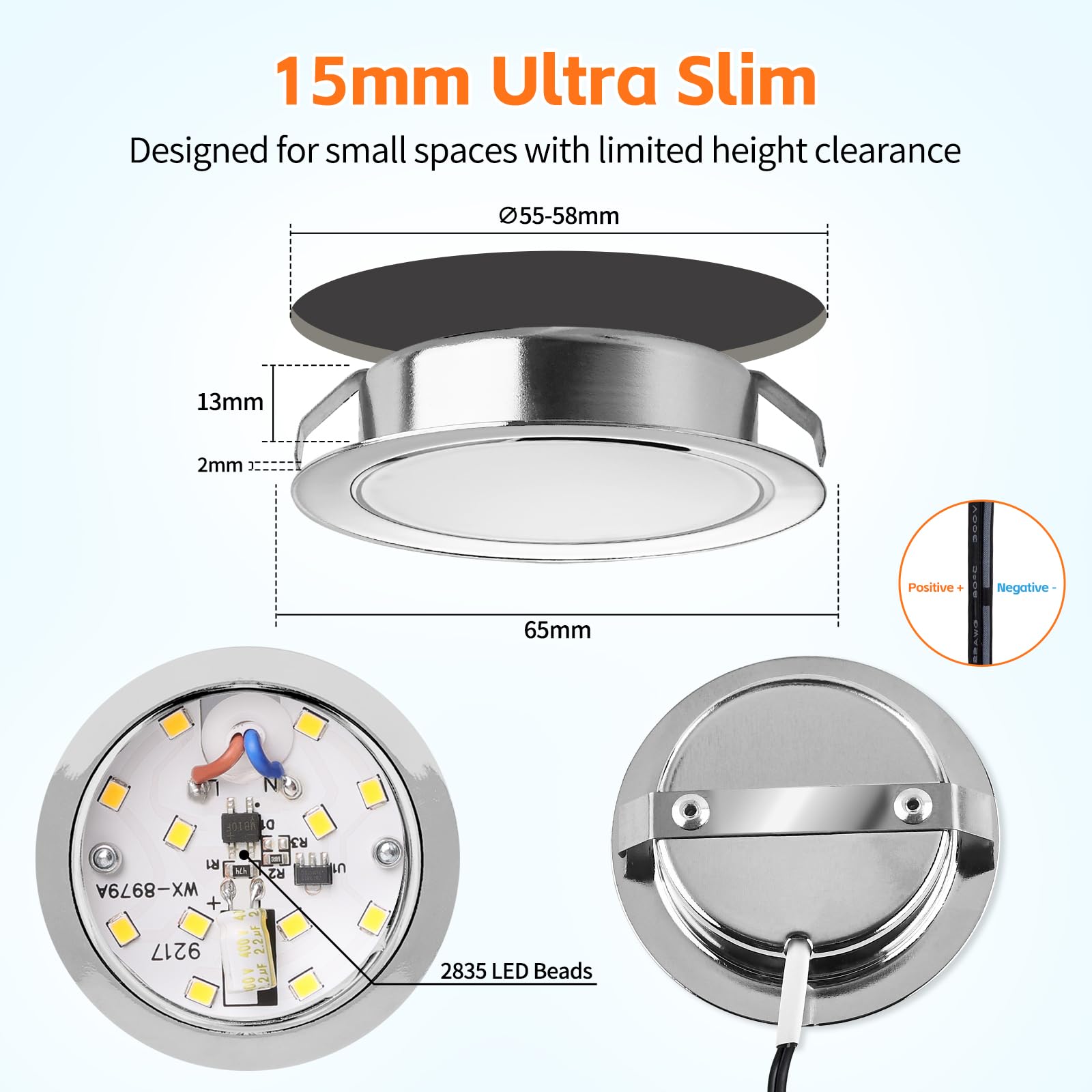 YindaLux LED Recessed Spotlights 12V 3000K Warm White IP44 LED Spot Dimmable 3W Recessed Lights 55-58mm Hole Size Downlight for Caravans Kitchens - Image 2