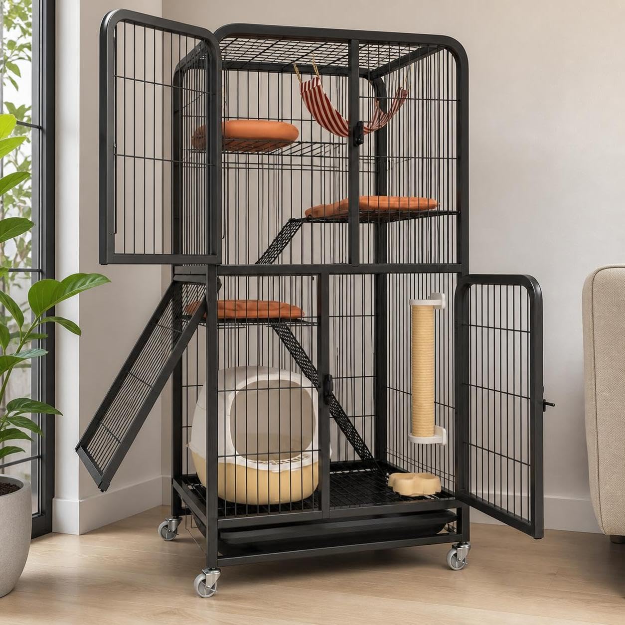 Gabbia per Gatti Pieghevole, Doppio piano medio, 58 × 41 × 50