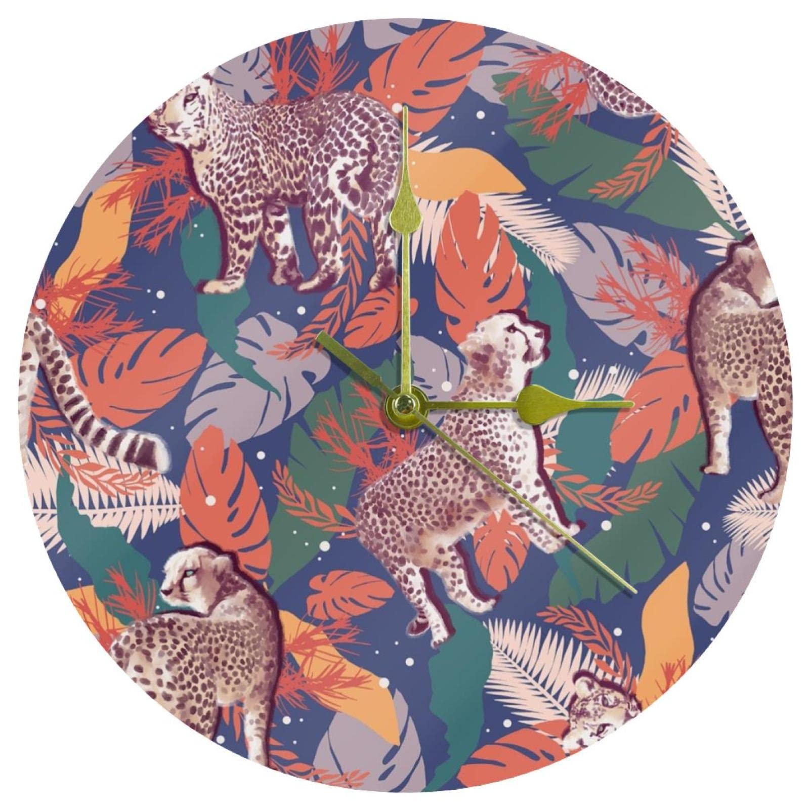 Horloge murale acrylique silencieuse 24 cm léopard forêt rose à piles