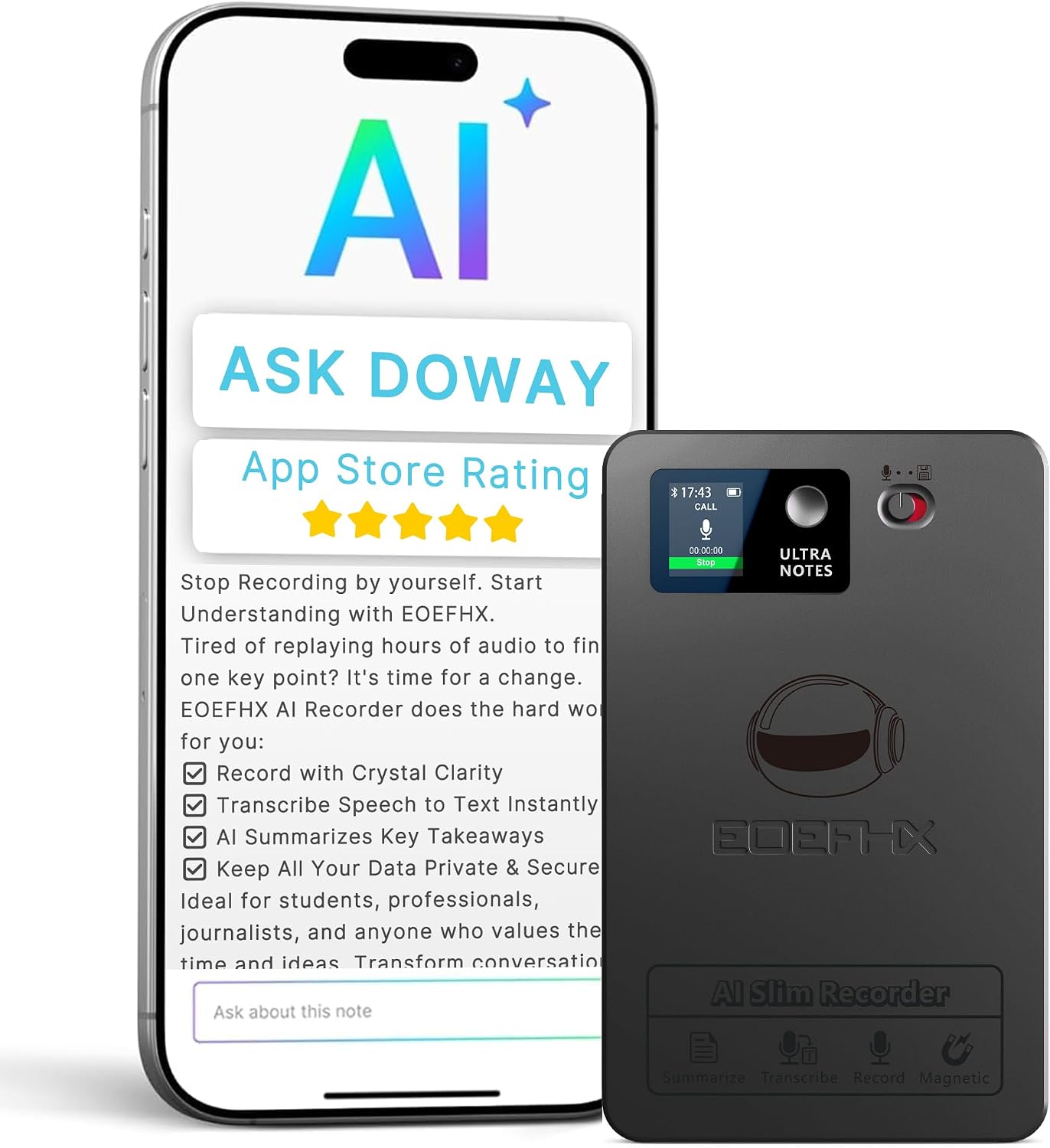 AI Voice Recorder, Transcribe & Summarize with Deep AI Analysis, Support 152 Languages, App Control, AI Noise Cancellation, Upgraded Built-in MagSafe, 64GB Audio Recorder for Meetings, Lectures, Call