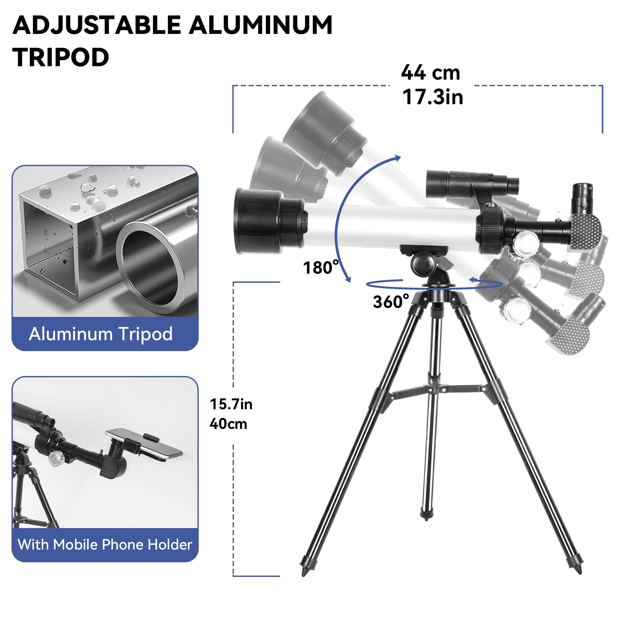 IBVIVIC Refraktor Teleskop 50/500 mit Tischstativ für Kinder, 30X/ 60X Zoom HD Outdoor Monokular Weltraumteleskop mit 2 Okularen, Kompass & Telefon Adapter für Land-, Mond- und Planetenbeobachtung