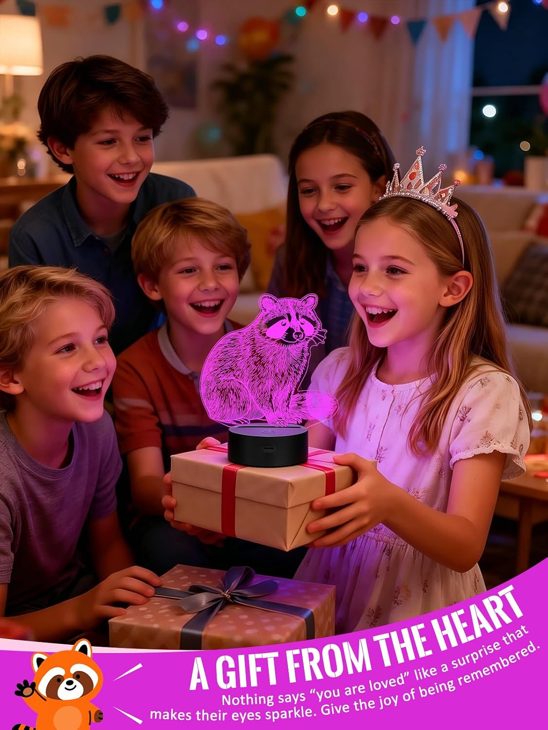Lampeez Raccoon 3D Night Light for Kids, LED 16 Colors Remote Control Changing Touch Dimmable Table Desk Lamp, Cute Animal Gifts for Raccoon Lovers Animal Fans