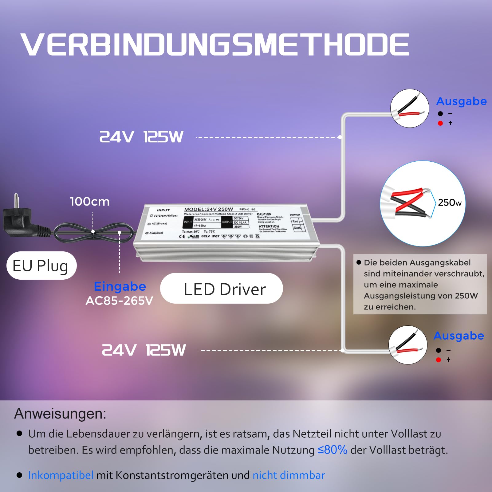 Trasformatore a LED, 24 V, 250 W, IP67, per esterni, impermeabile, con spina