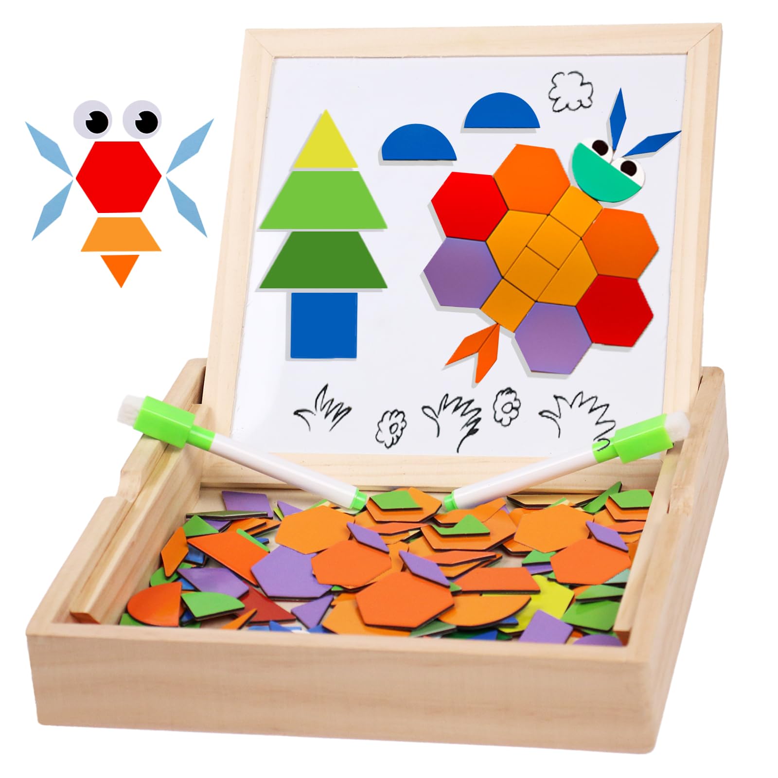 160+PCS Wooden Pattern Blocks Set for kids with Gift Box, Wooden Magnetic Puzzle Board Montessori Learning Toys Geometric Shape Puzzle Colorful Puzzle Blocks Early Educational Tangram Toy Double Sided