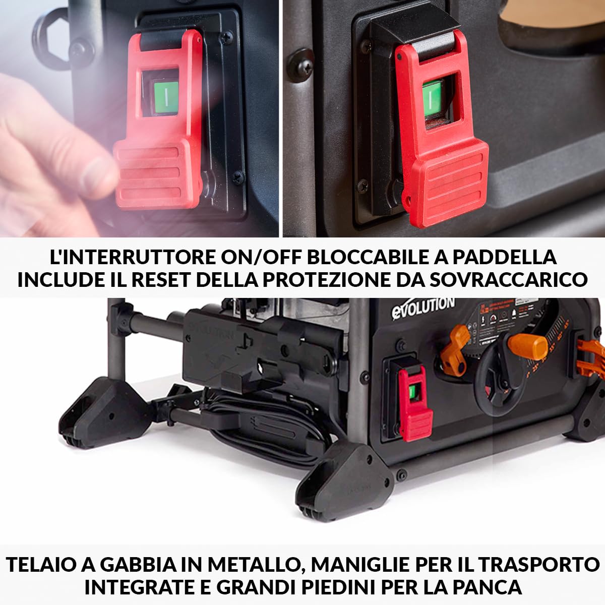 Evolution Power Tools R255TBL Sega da banco (La prossima generazione Rage 5-S) Lama da taglio multimateriale Taglia legno metallo plastica, smusso a 45°, angolo obliquo +/- 60°, 1650 W