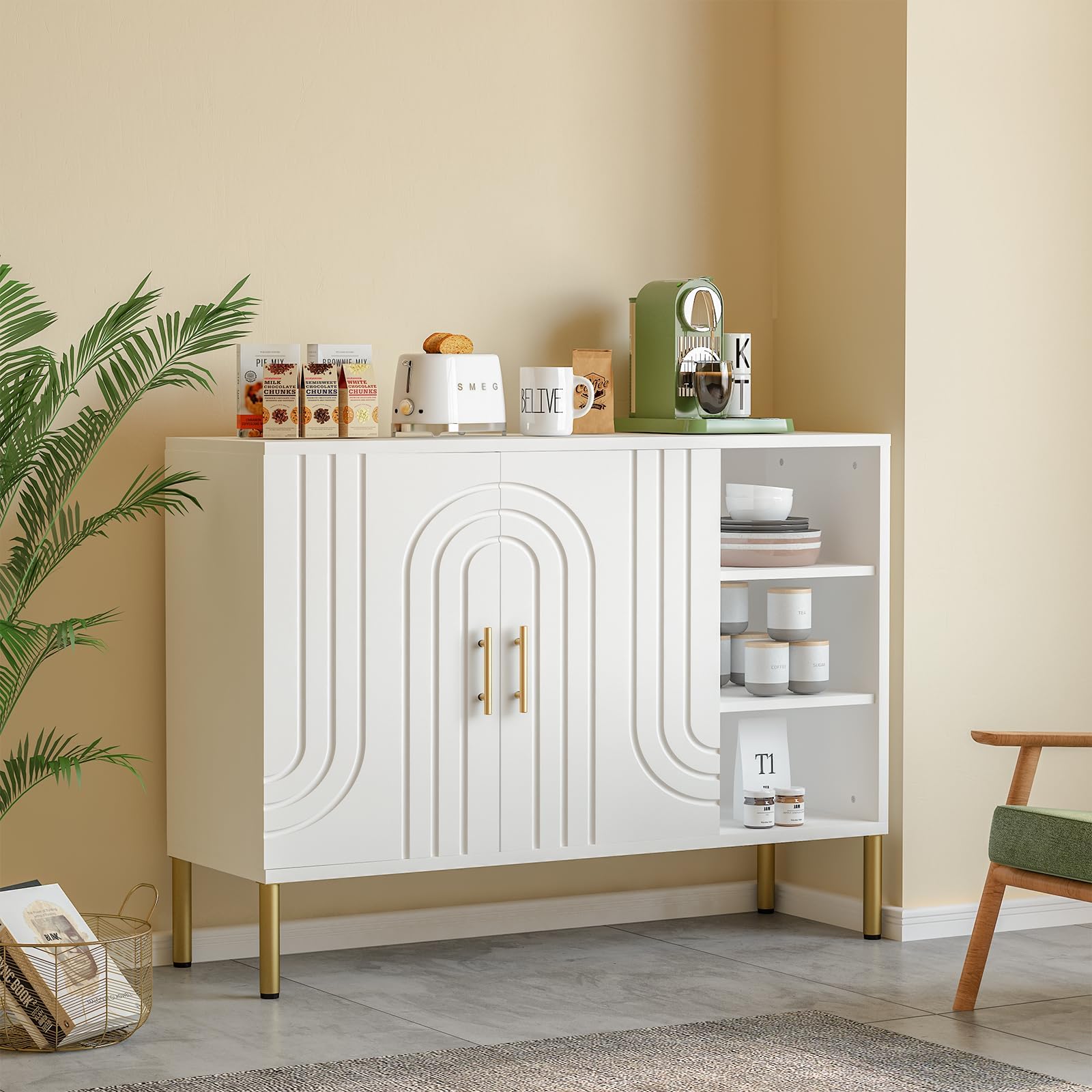 Buffet Salon FirFurd 120cm - Meuble Rangement Avec Portes Vitrées Et Tiroirs - Style Scandinave