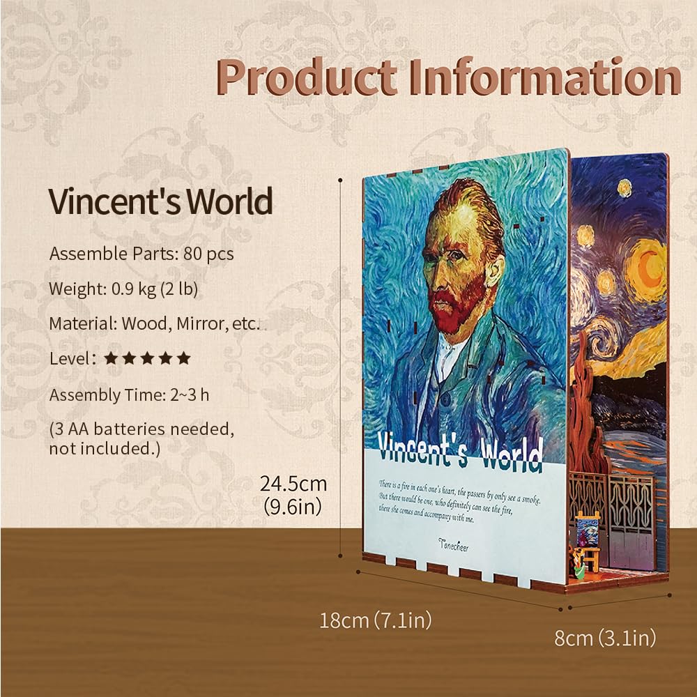 Tonecheer DIY Book Nook Kit 3D Holzpuzzle Modellbausatz für Erwachsene, mit Licht Booknook Bastelset Personalisierte Geschenke für Frauen und Männer (Vincents Welt)