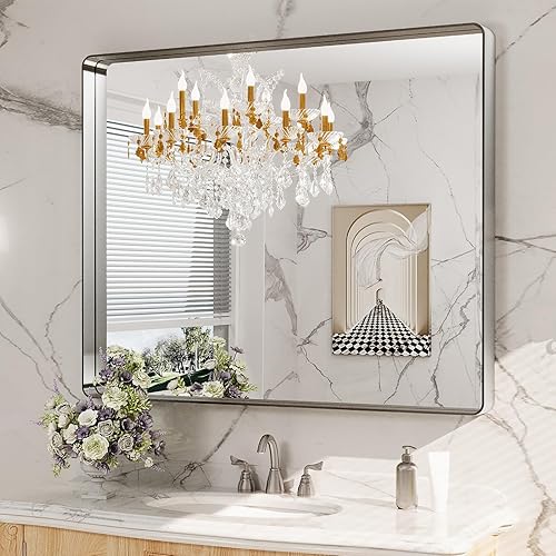 Miniatura 389 de LOAAO - Espejo de tocador para baño con marco de metal negro mate de 24 x 32 pulgadas para pared, rústico, rectangular, grande, redondeado