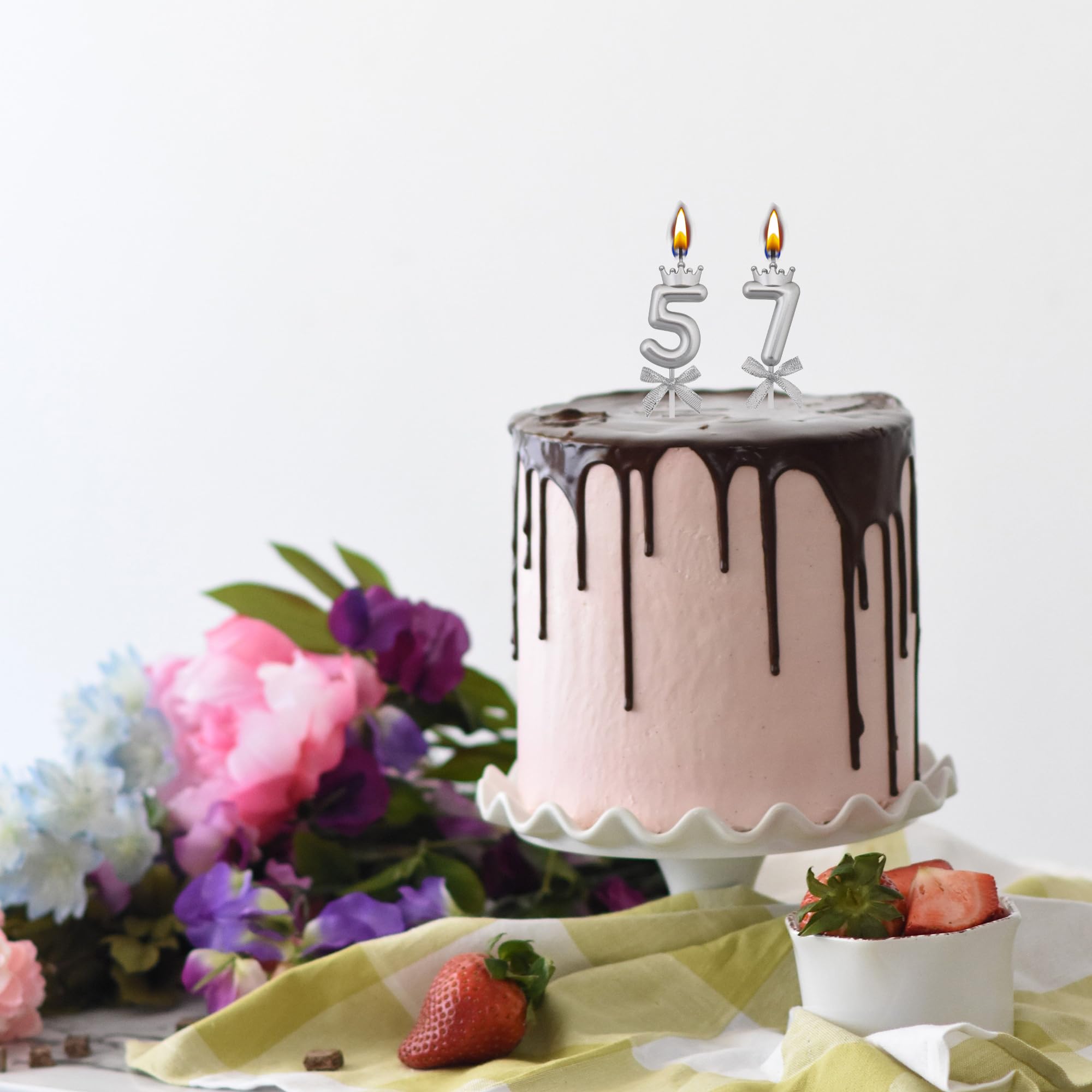 Velas de cumpleaños número 57 y 75, velas de pastel de cumpleaños número 57 75, velas plateadas para decoración de tartas para hombres y mujeres