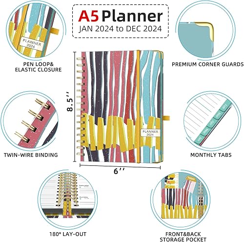 Miniatura 6 de Agenda 2024 A5 de enero de 2024 a diciembre de 2024, calendario mensual con pestañas y calcomanías, fechas julianas para profesores, escuela,
