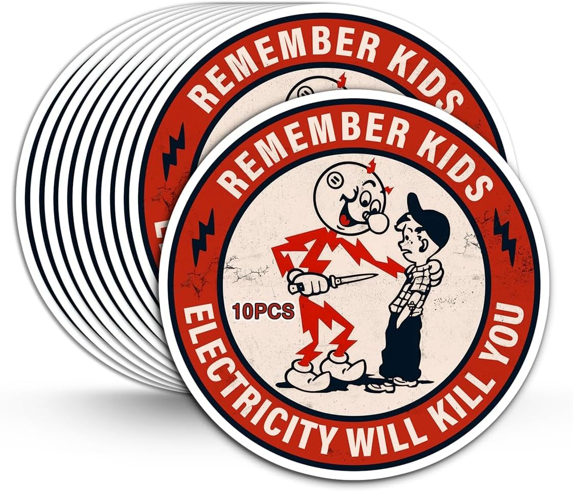 Remember Kids Electricity Will Kill You Sticker - 10 Pack Reddy Kilowatt Electricity Warning Stickers Decal Vinyl Waterproof for Lineman, Electrician, Tool Box, Car, Helmet, Electric Meter Box