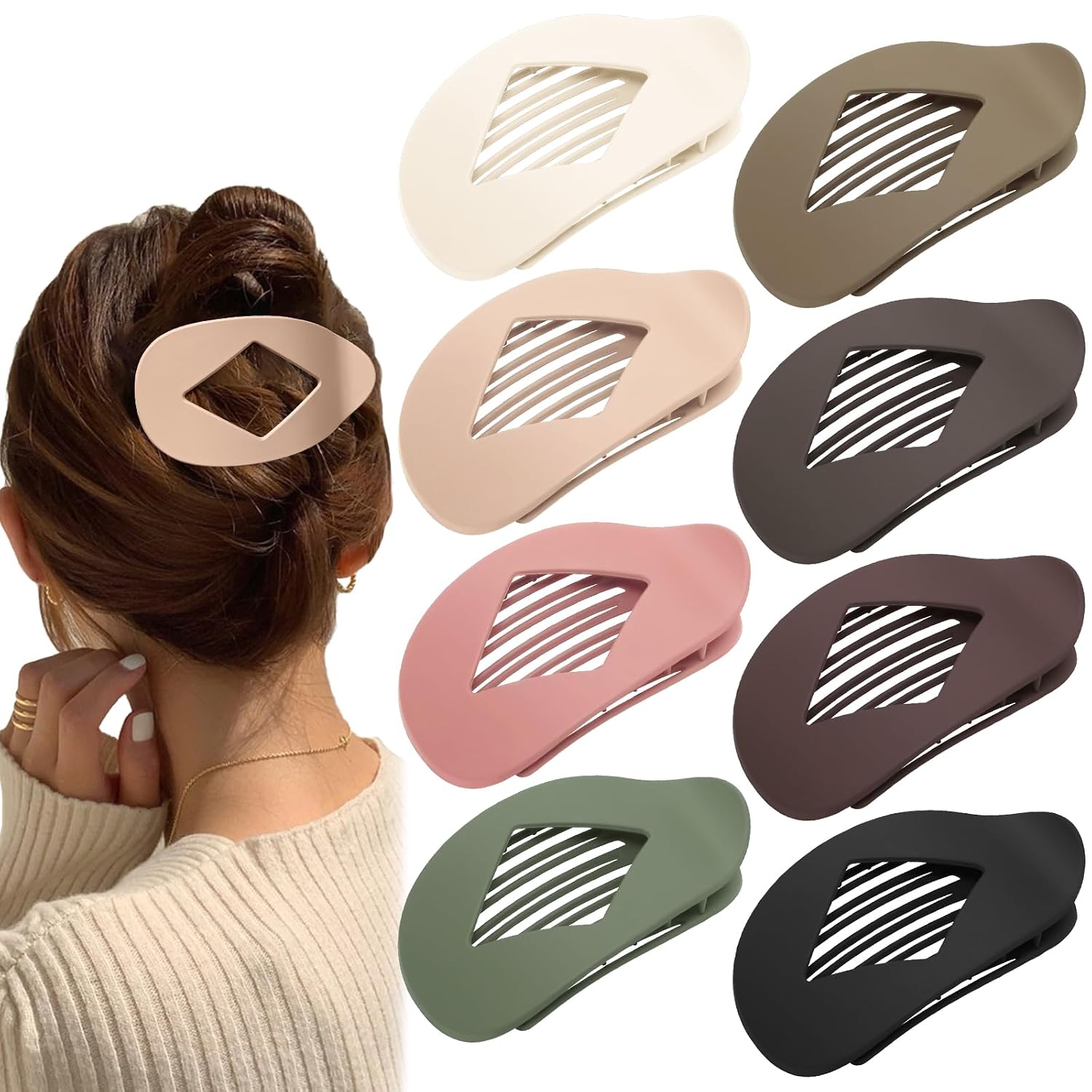 Flat Hair Clips for Women, 8 Pcs Matte No-Slip Flat Claw Clips for Girls,Cute Large Strong Hold No Crease Barrettes for Thick Thin Curly Hair,French Styling Gifts (Neutral Color)
