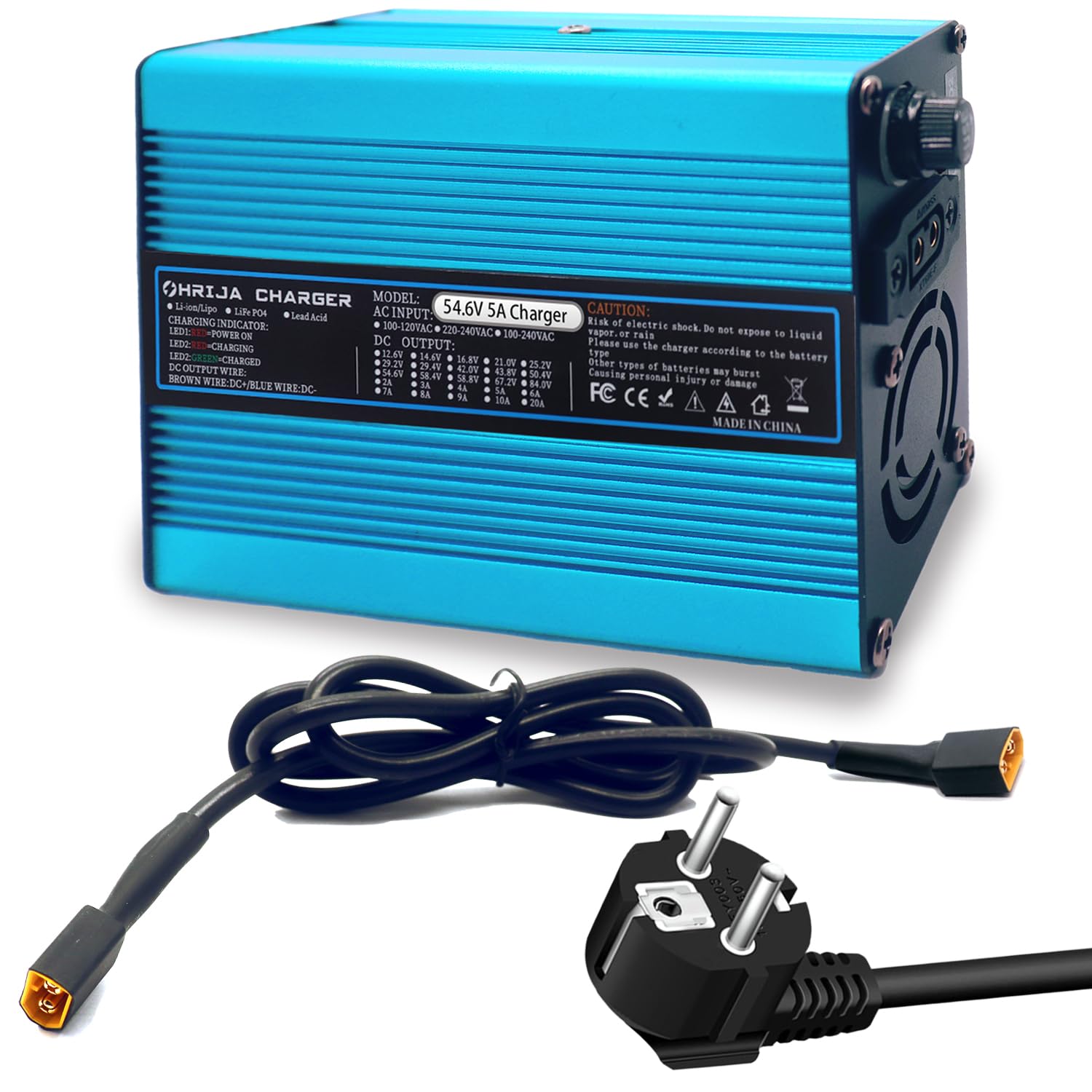 Cargador de batería de 54,6 V y 5 A para batería de Litio de 48 V, Fuente de alimentación de 48 V y 5 A, Exterior Azul con Conector XT60 Macho