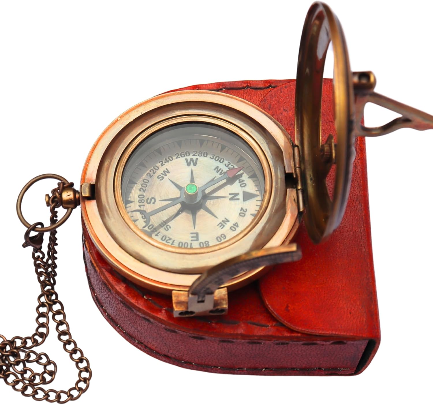 Antique Decor Sundial Brass Compass with Leather Case, Unique Gift for Men, Vintage Push Open Sundial Compass for Camping, Hiking, Touring, Beautiful Handmade Sun Clock, Steampunk Style Clock