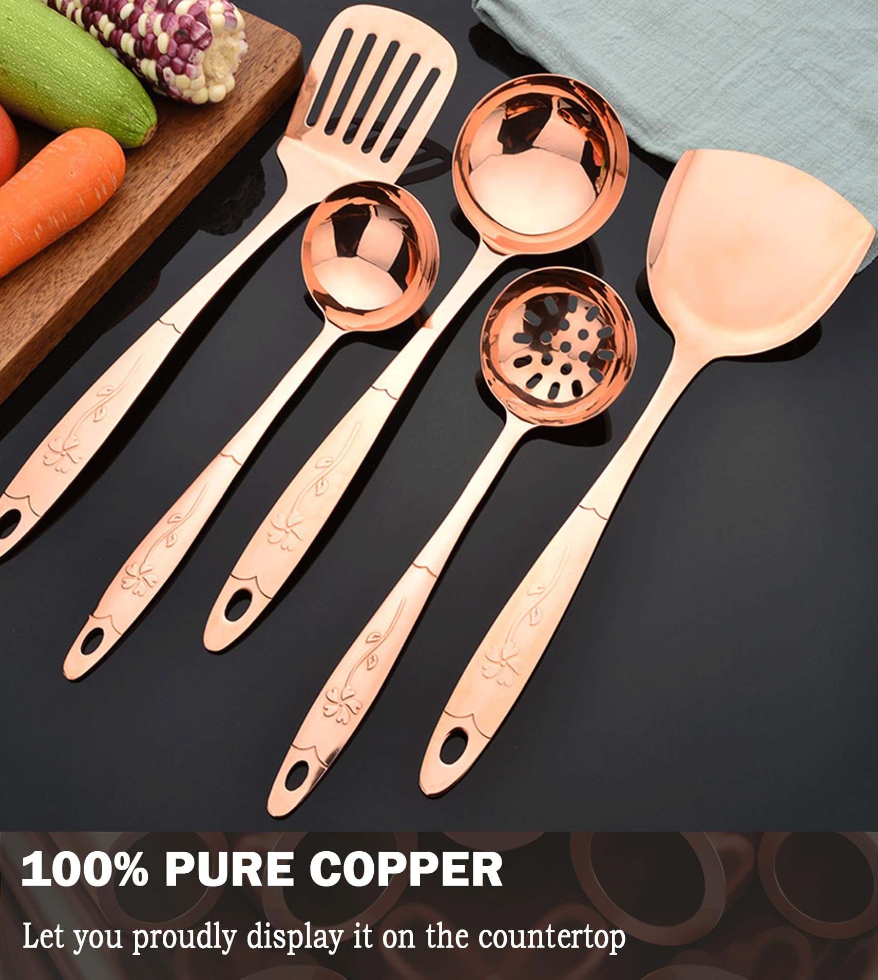 Lot de 5 ustensiles de cuisine en cuivre pur - Accessoires de cuisine élégants en cuivre pour la maison ou le restaurant