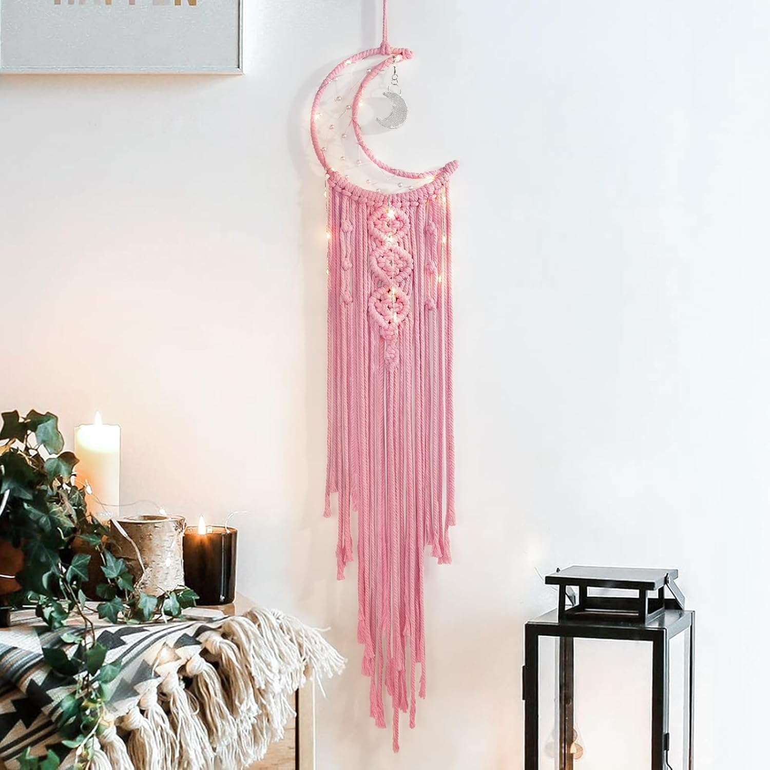 Zazzish House - Handmade Macrame Star Moon Dream Catcher Boho Wall Hanging Decor, Best Gift for Girls, Friends, Marriege Party, Home, Bedroom, Living Room Decoration (*Without Light*) (Baby Pink)-image-48