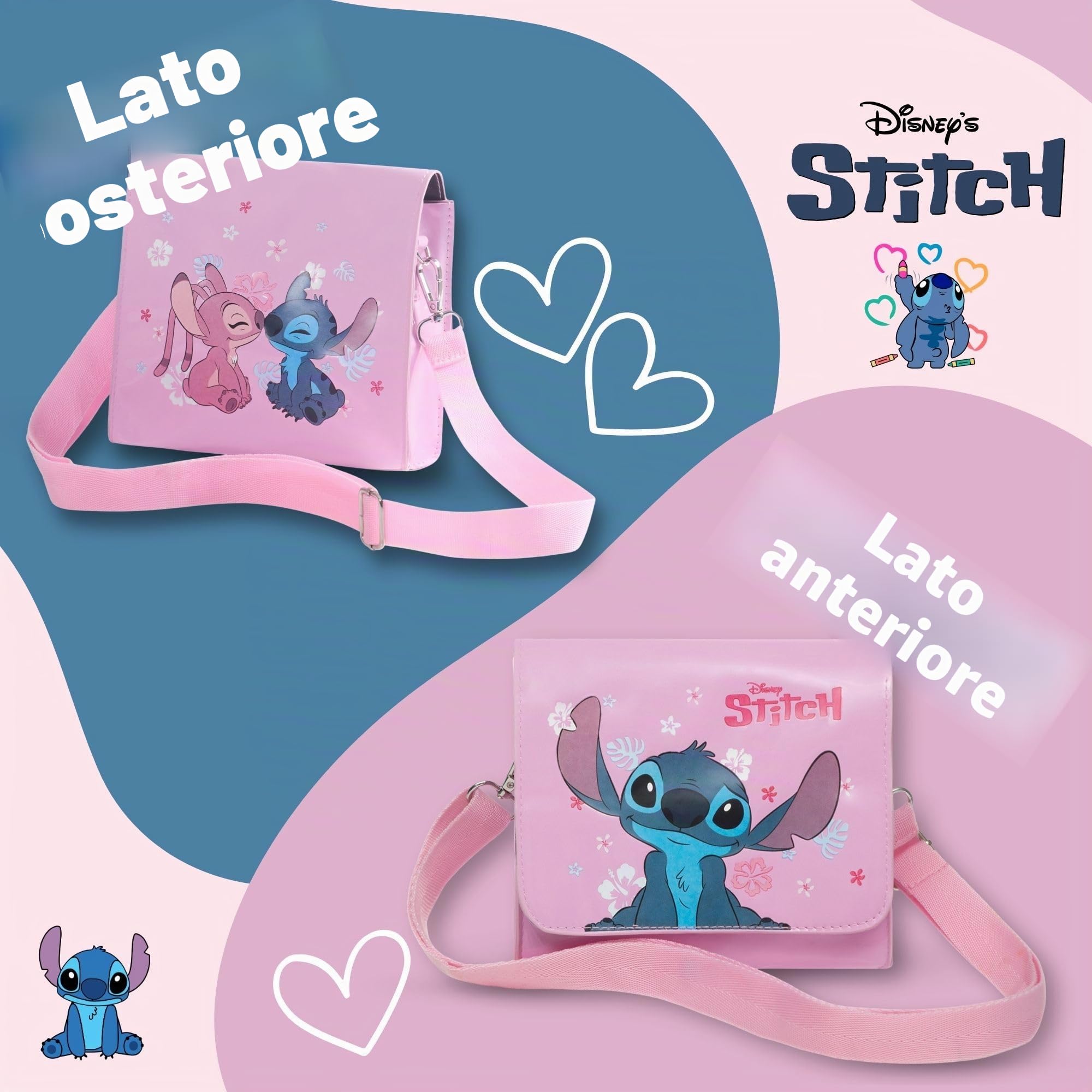 Borsa a tracolla rosa Disney Stitch & Angel per ragazze – Lilo & Stitch film ufficiale | Simpatica borsa a tracolla per bambini e adolescenti | Regali per ragazze | Tracolla lunga regolabile