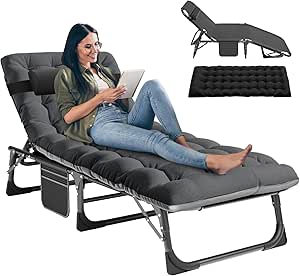 LILYPELLE Folding Outside Chaise Lounge Chair with Mattress, 5 Position Adjustable Patio Folding Lounge Chair Reclining Chairs Perfect for Outside, Sunbathing, Camping, Pool, Beach, Patio