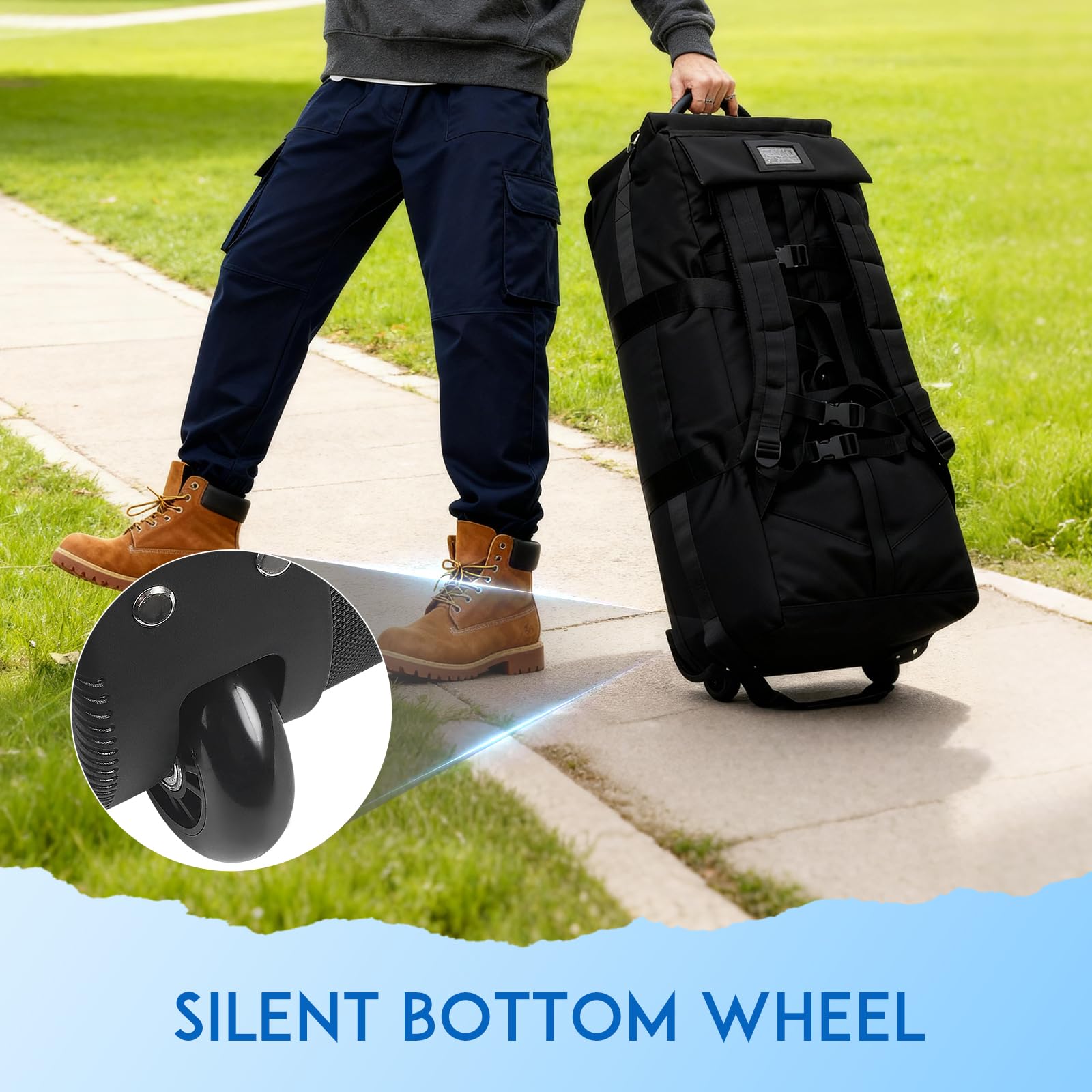 Bolsa de viaje plegable con ruedas, tamaño grande, 80 L, 3 en 1, mochila de equipaje de mano, maleta, 80 x 30 x 33 cm, resistente al agua, bolsa Oxford con 2 ruedas, color negro