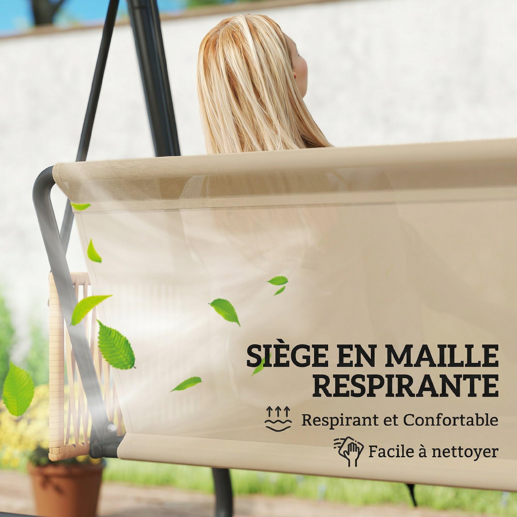 Outsunny Balancelle de Jardin 3 Places Toit Réglable UPF 30+ Acier 360kg Coussin 7cm Banc Suspendu Extérieur Terrasse Sable