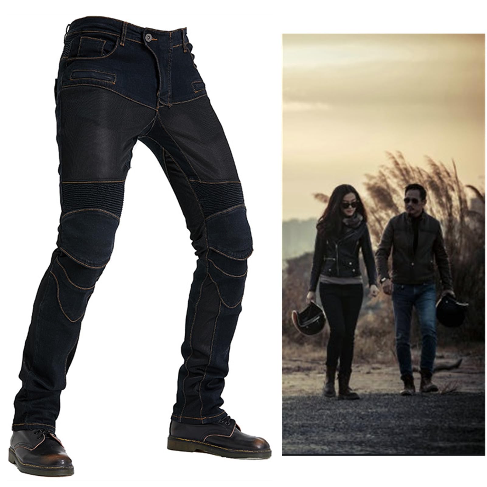 Jeans da Moto da Pantaloni da Motociclista in Denim Impermeabili Protezione Impermeabile Pantaloni da Moto da Ciclismo Jeans da Motociclista Elasticizzati con 4 Protezioni (Nero,S)