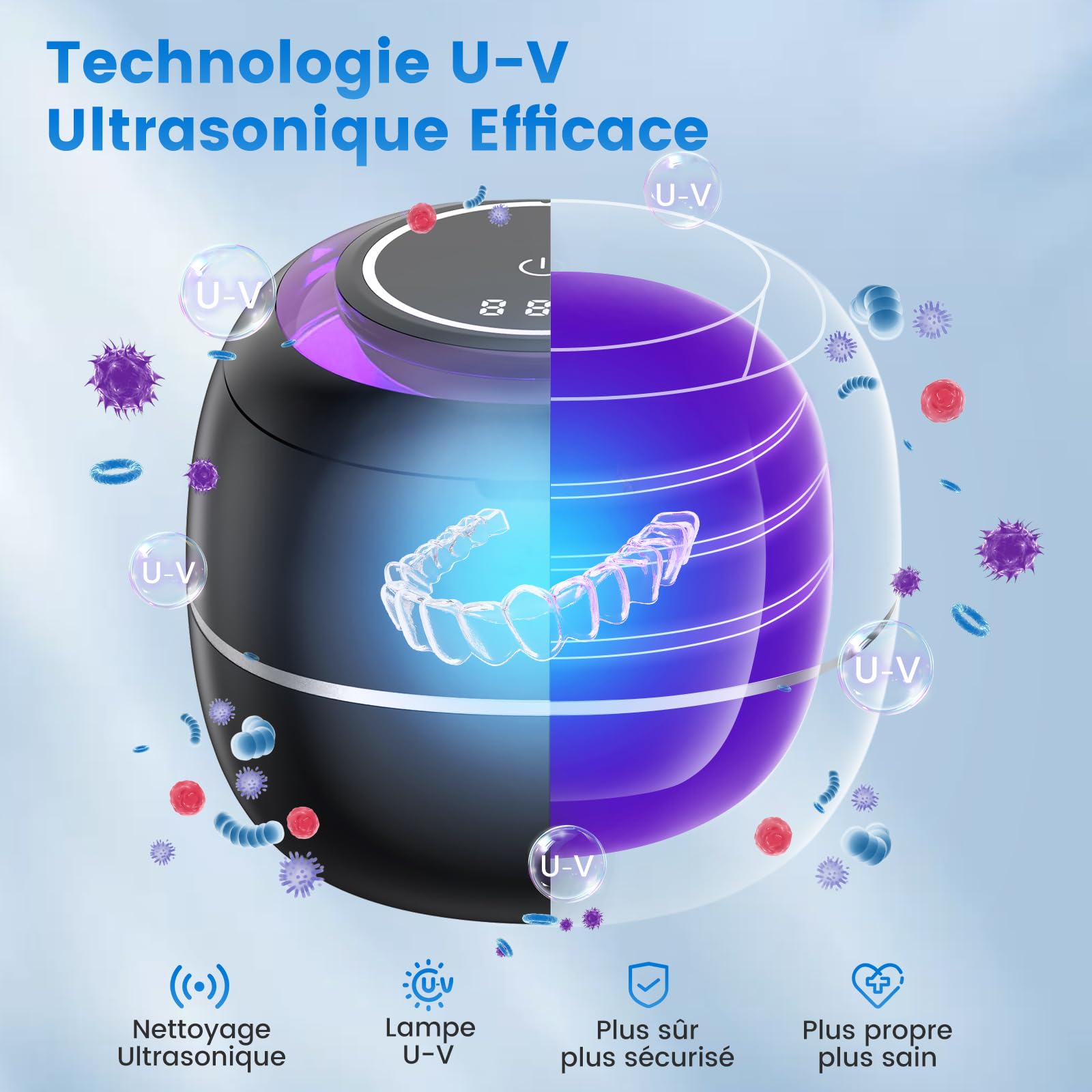 SEANCHEER Nettoyeur Ultrasons 48000Hz Bac Ultrason | 24W | 180ML | Mini Ultrasonic Cleaner Portable avec Lampe UV pour | Prothèses Dentaires | Gouttière Dentaire | Retainer | Bijoux | (Noir)