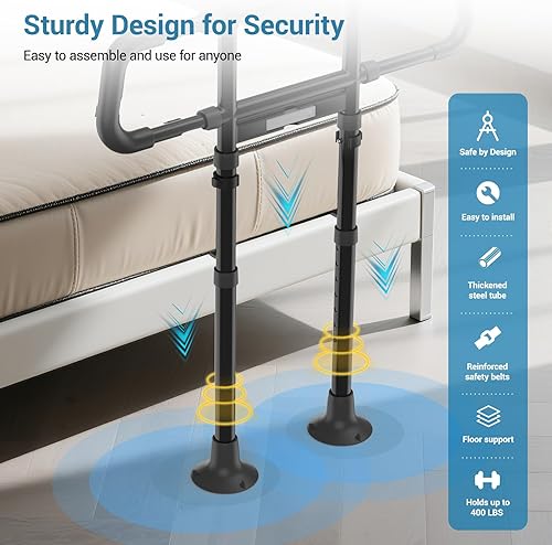 Miniatura 3 de Rieles de cama para adultos mayores rieles ajustables de asistencia de noche con bolsillos de almacenamiento, capacidad de gravedad de 400 libras,