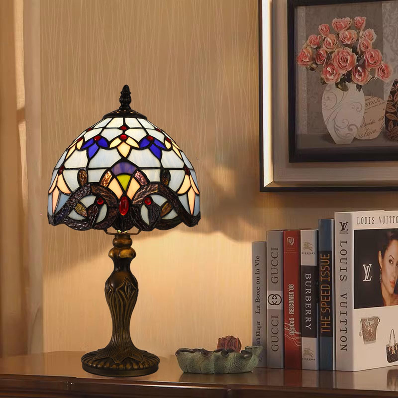 Lampada Tiffany da Tavolo con Paralume in Vetro Colorato per Soggiorno, Camera da Letto, Studio e Tavolino da Caffè
