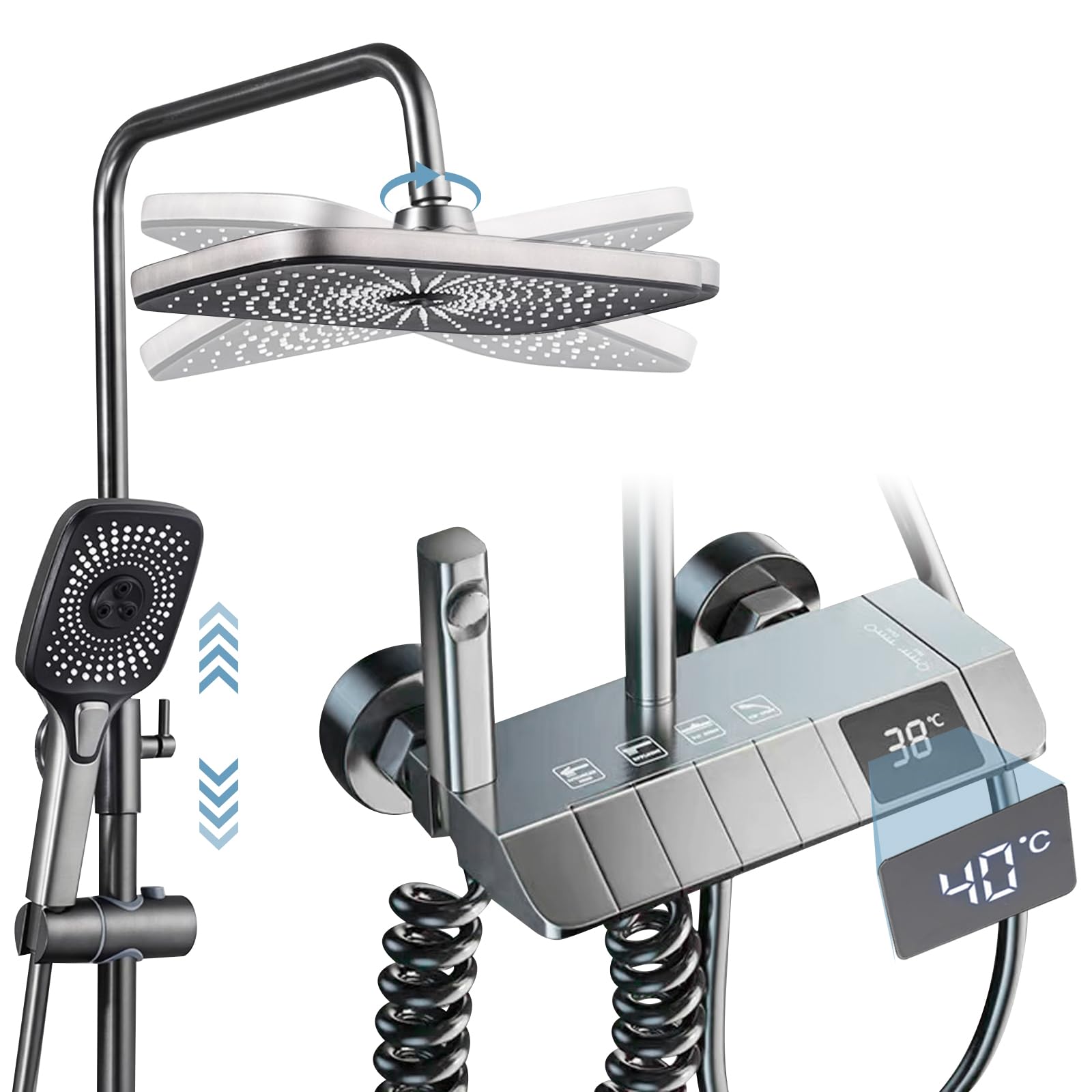 Thermostatic Mixer Shower System, 4 Function Piano Key Dual Shower Head Set, 3 Mode Brass Hand Waterfall Shower with LED Digital Temperature Display, Wall Mount Adjustable Handheld Faucet — image 1