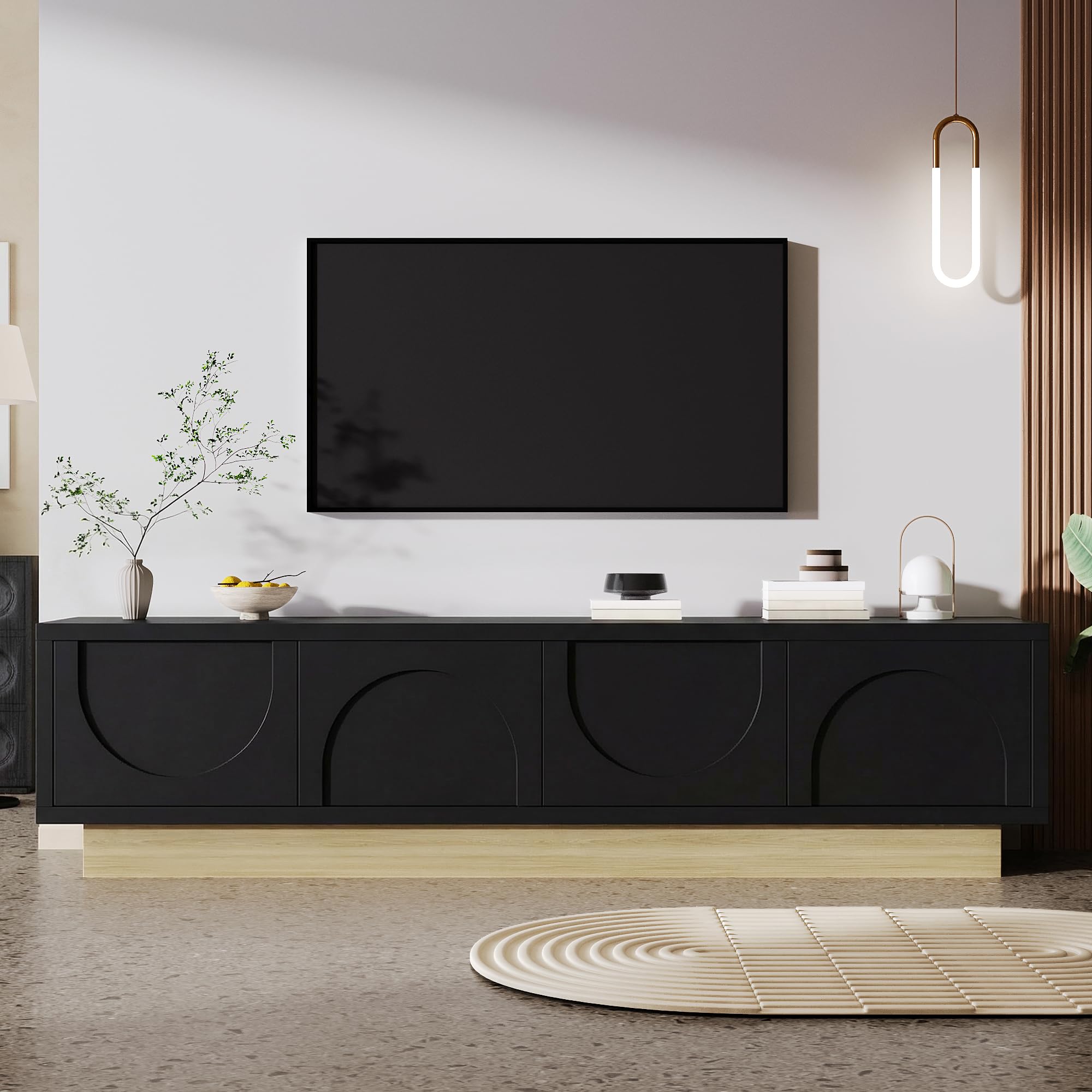Supporto per TV, design curvo, lunghezza 175 cm, con venature del | Mobile TV con 4 ante per la gestione dei cavi, mobile TV per soggiorno, mobile TV senza maniglia