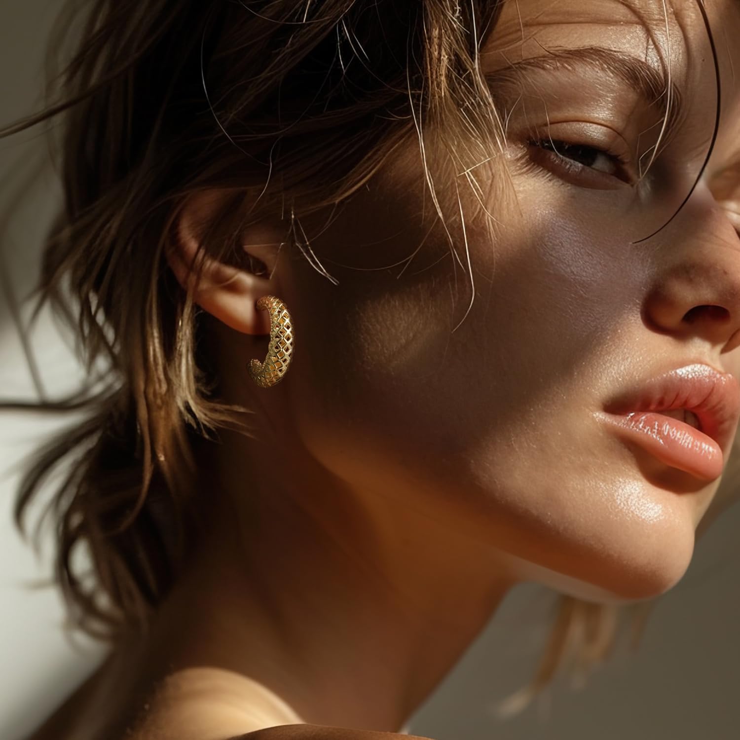 Hoop Earrings 14K Gold Earrings for Women’s Hoop Earring Crescent Mesh Hollow Hoops Earring Push Back Thick Gold Hoops - Image 2