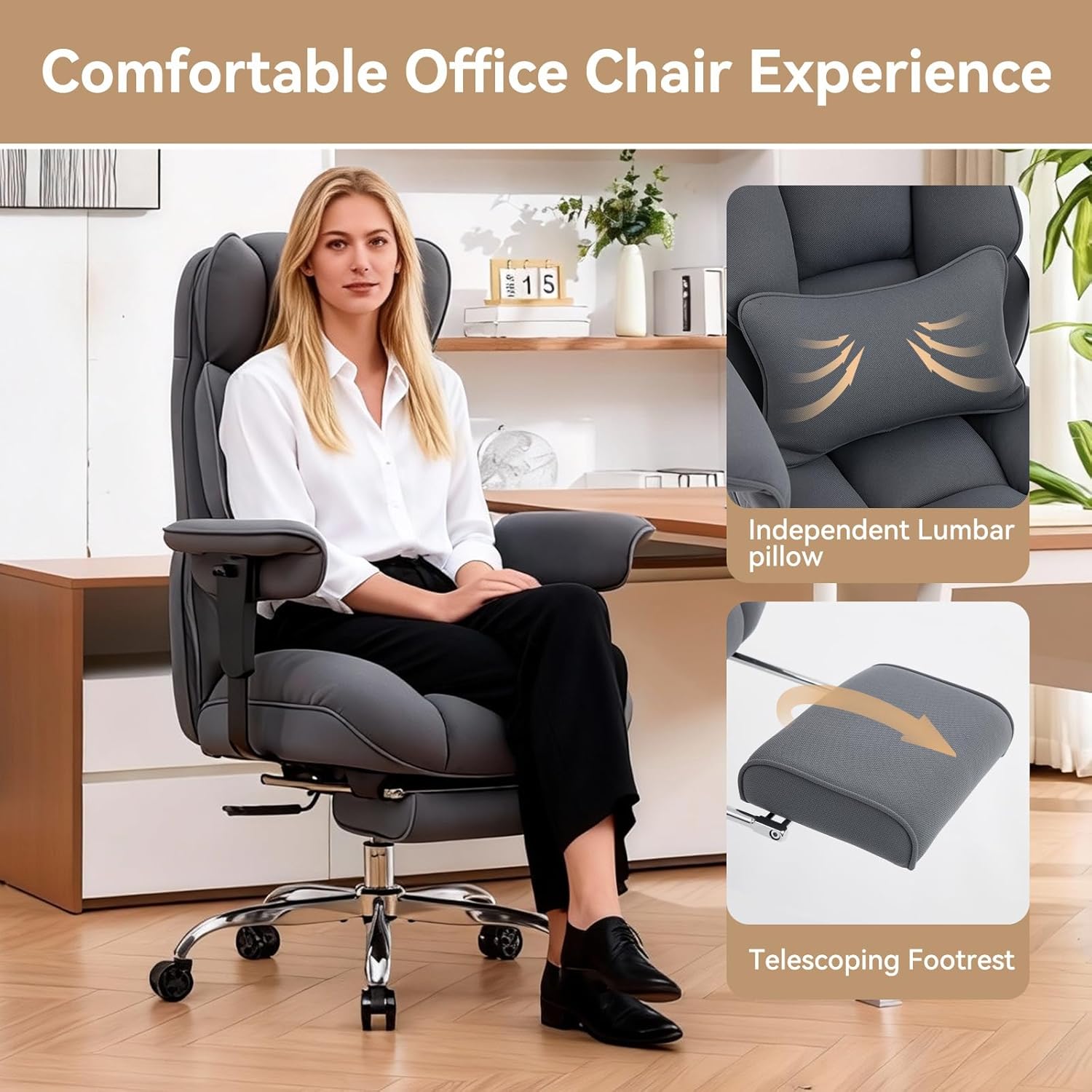 Efomao Big and Tall Office Chair with Footrest - Breathable Mesh Executive Chair, Heavy Duty Computer Desk Chair for Home Office, Ergonomic Lumbar Support & Reclining Mesh Gaming Chair, Bluegrey - Image 3